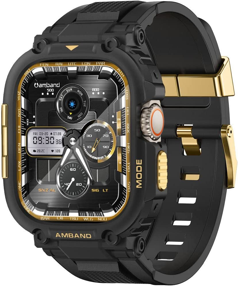 Amband Bands Case Screen Protector Compatible with Apple Watch Ultra 49Mm, M1 Sport Series Rugged Cover Strap and 2 Pack Tempered Glass Film, Military Protective Bumper for Iwatch 49 Mm Men Black  amBand Black Gold 49mm 