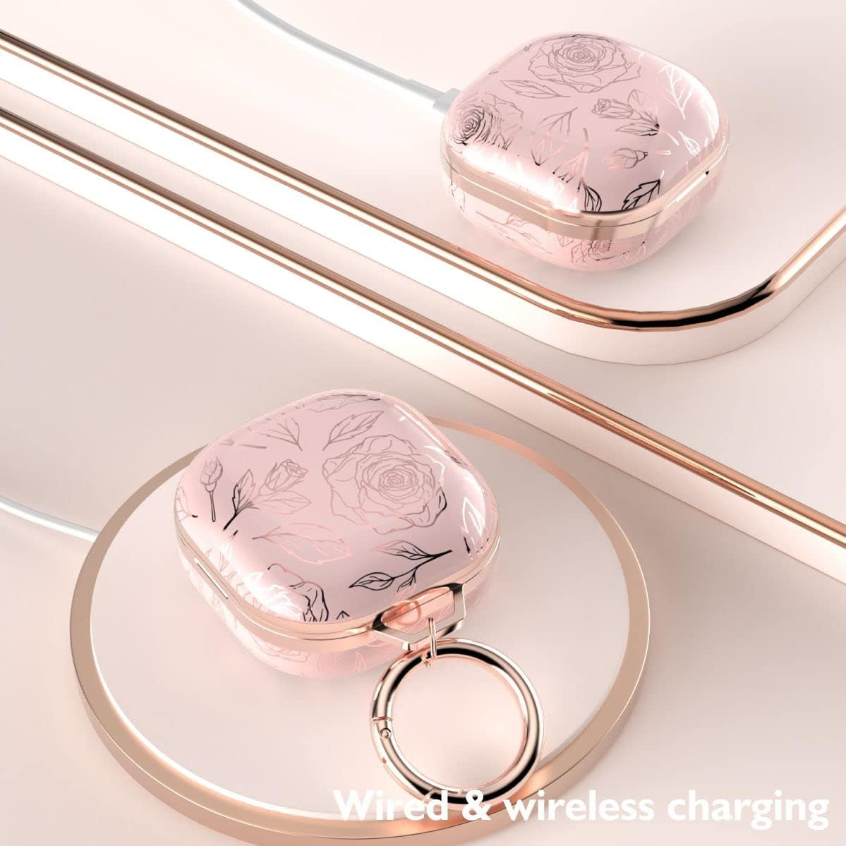 TATOFY Case for Galaxy Buds 2 Pro, Galaxy Buds 2, Galaxy Buds Pro, Galaxy Buds Live, Golden Leaf Golden Flower Hard Case with Carabiner, Support Wireless Charging, LED Visible (Pink & Golden)  TATOFY   