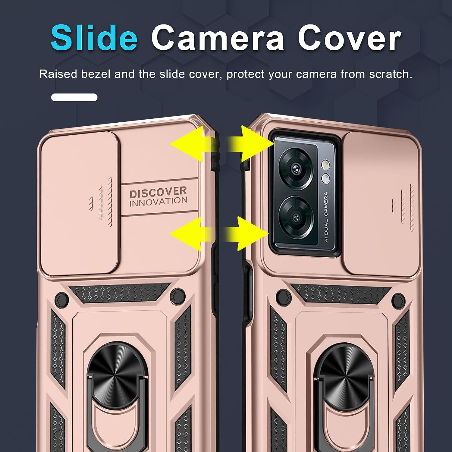 Oneplus Nord N300 5G Case Built in Slide Camera Lens Cover and Screen Protector,Heavy Duty Shockproof Full Body Protective Phone Cover,Built in Finger Ring Stable Holder Kickstand,2022 Rose Gold  Janmitta   