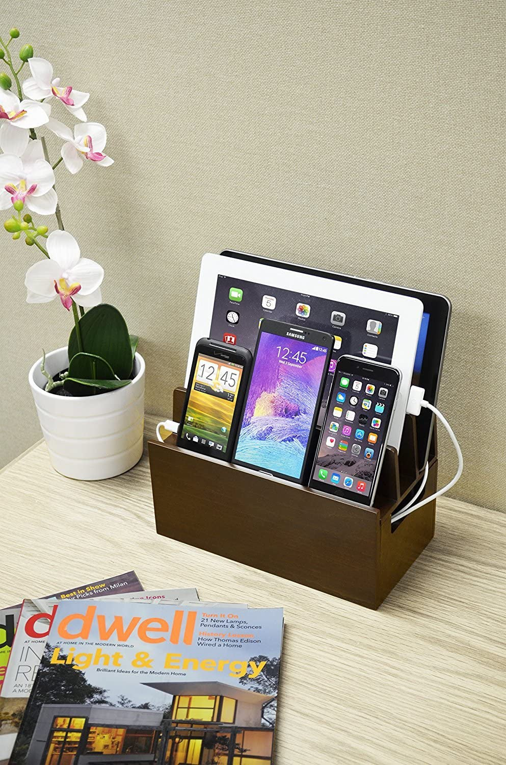Mobilevision Wood Multi Device Organizer Stand and Charging Station for Smartphones, Tablets, and Laptops Includes 5-USB Hub Charger Combo  MobileVision   