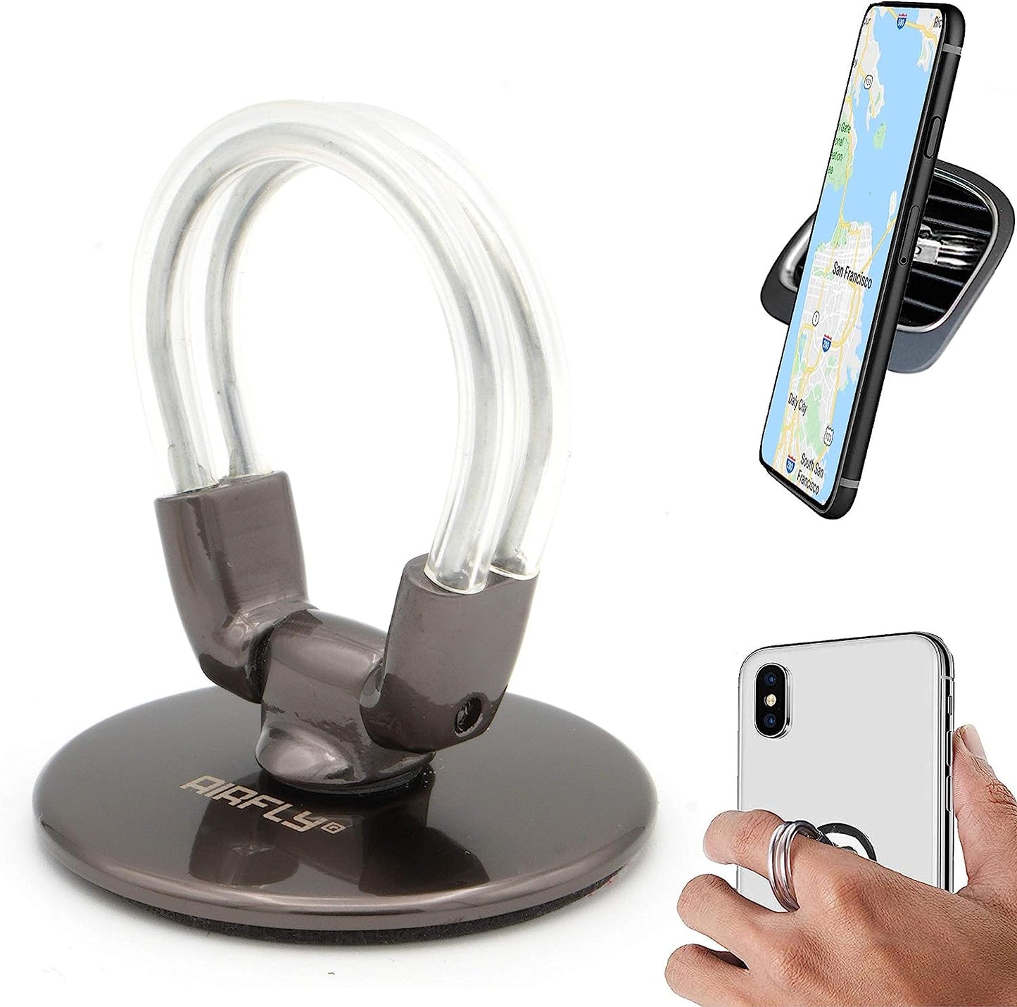 Airfly Phone Finger Ring Holder, 4 in 1, Universal Metal Phone Ring, Table Stand Kickstand, Car Vent Mount, Finger Grip Compatible All Smartphones, Black  AirFly SF Black Matte  