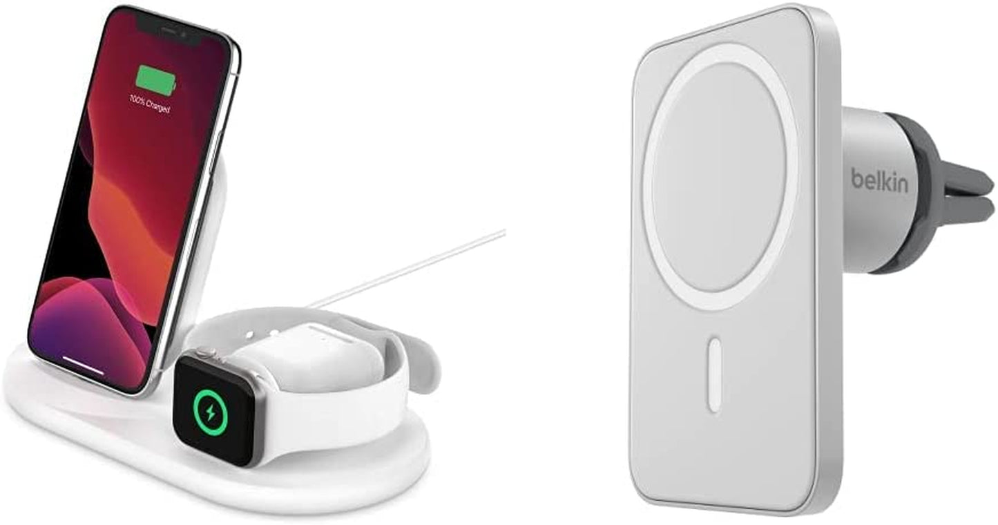 Belkin 3-In-1 Wireless Charger - Fast Wireless Charging Stand for Apple Iphone, Apple Watch & Airpods - Iphone Case Compatible Qi Charger - Wireless Charging Station for Multiple Devices - Black  Belkin White Charger + Holder 