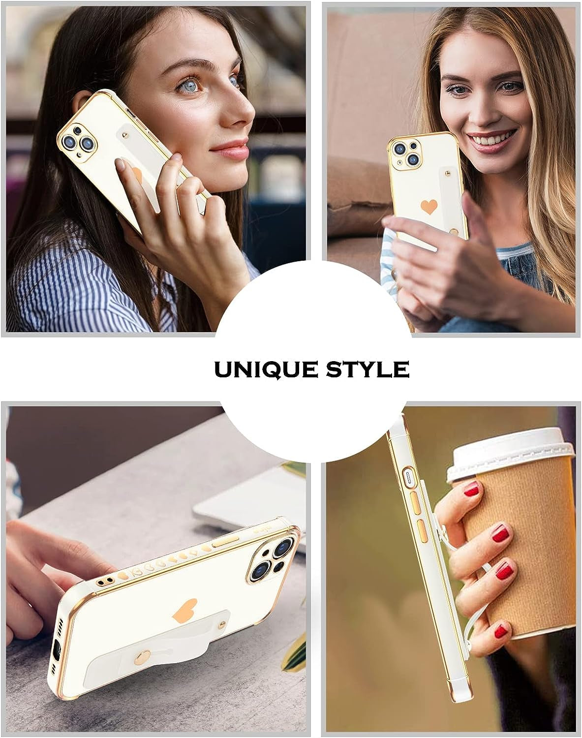 YINLAI Iphone 13 Case, Iphone 13 Cover 6.1 Inch with Finger Loop Holder Wrist Strap Kickstand Hearts Pattern Love Plating Women Girls Slim Fit Soft Shockproof Protective Phone Cases,White  YINLAI   