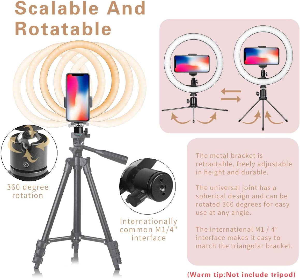 LED Ring Light 10" with Tripod Stand & Phone Holder for Live Streaming & Youtube Video, Dimmable Desk Makeup Ring Light for Photography, Shooting with 3 Light Modes & 10 Brightness Level  AIXPI   