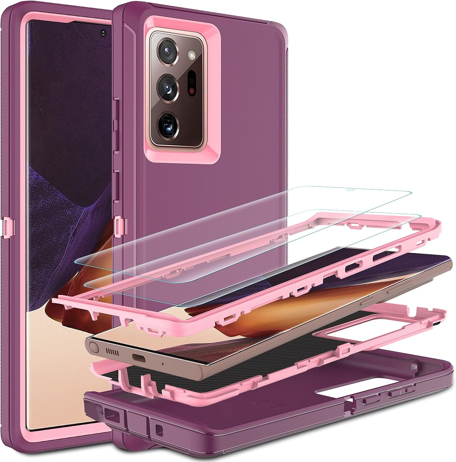 HONG-AMY for Note 20 Ultra Case, Galaxy Note 20 Ultra Case with Self Healing Flexible TPU Screen Protector [2 Pack], 3 in 1 Heavy Duty Protection Case for Samsung Note 20 Ultra 5G(Black/Grey)  HONG-AMY Purple/Pink  