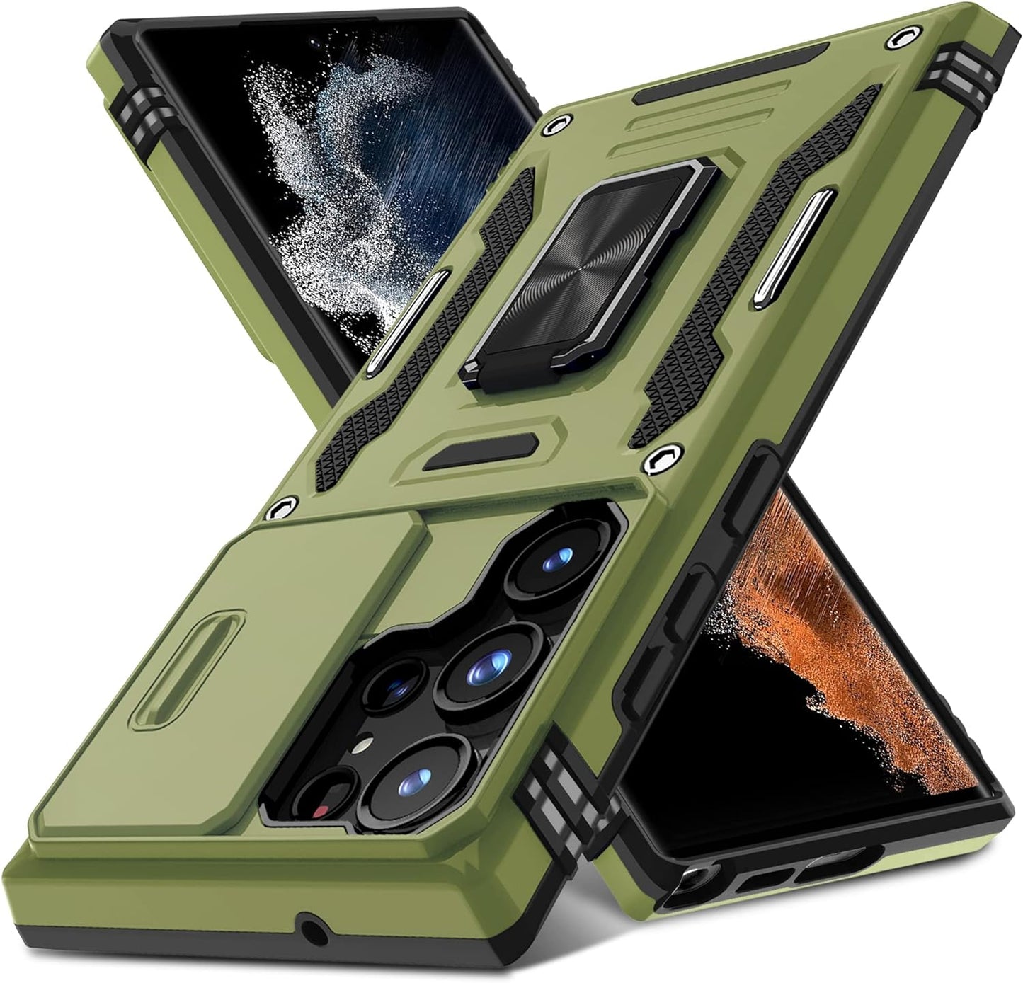 DEERLAMN for Samsung Galaxy S22 Ultra Case with Slide Camera Cover,Built-In Rotated Ring Kickstand [Full Camera Protection] [Military Grade] Heavy Duty Shockproof Protective Case Cover-Black  DEERLAMN Olive Green Samsung Galaxy S22 Ultra-6.8 Inch 