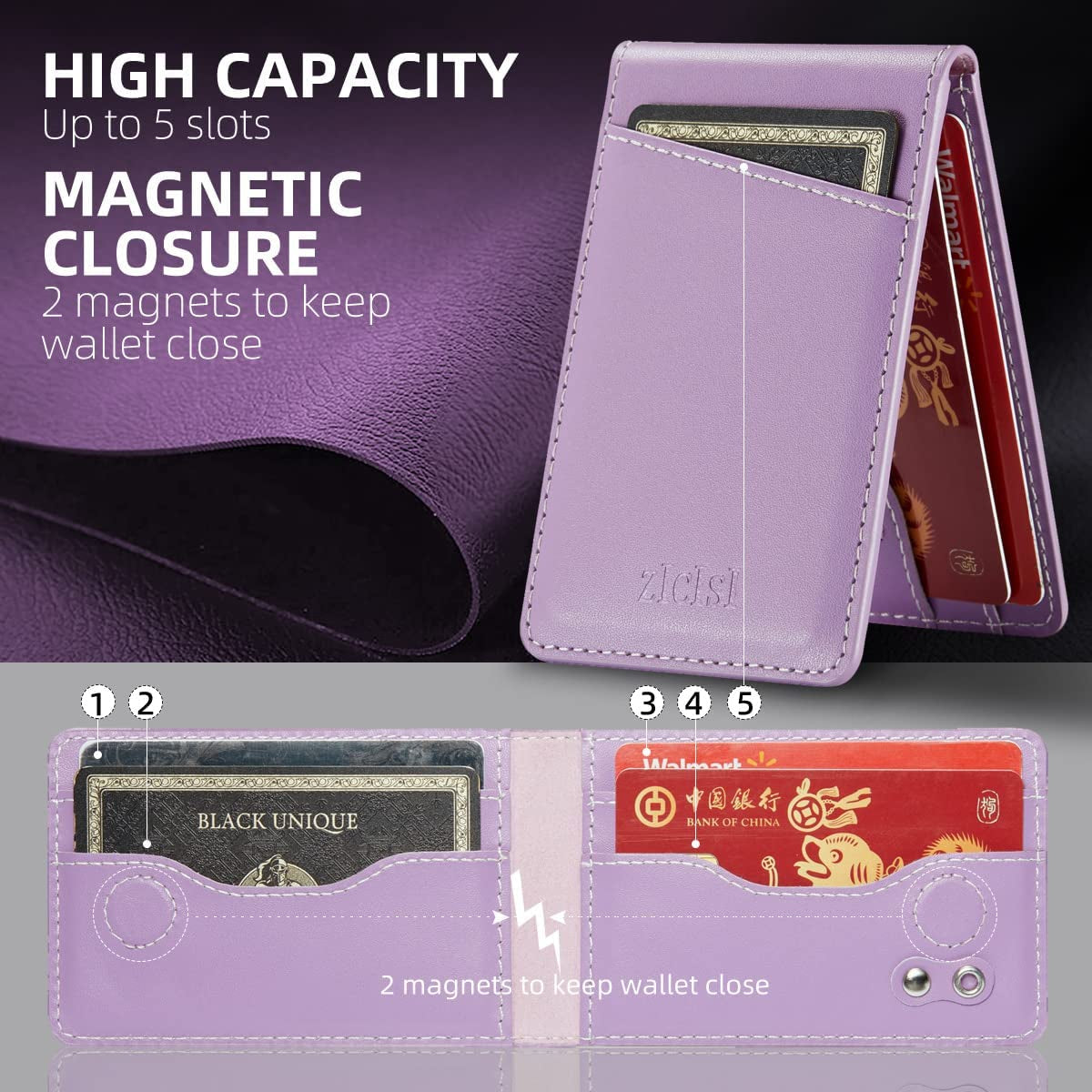 ZICISI Genuine Leather Detachable Magnetic Wallet Compatible with Magsafe Wallets Stand with 5 Card Slots & RFID Blocking&Metal Ring,For Iphone 14/13/12 Pro Max,Samsung and Android Phone Case,Purple  ZICISI   