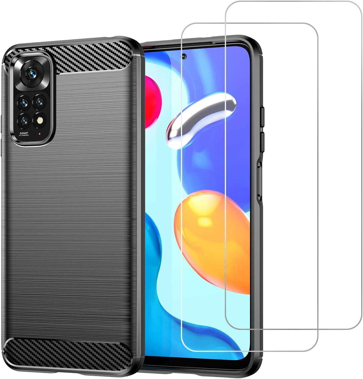 Avesfer for Xiaomi Redmi Note 11 Case Note 11S Case with Screen Protector Tempered Glass Lightweight Shock Absorbing Resilient TPU Phone Cover anti Impact Scratch Resistant Carbon Fiber (Black)  Avesfer   