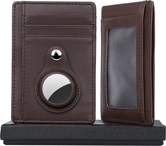 Airtag Wallet , Slim Genuine Leather RFID Blocking Minimalist Credit Card Holder , with 6 Card Slots & 1 Id/Photo Window,Anti Theft Smart Airtag Wallet Holder for Men Women, Dark Brown, Minimalist  DJSLO   