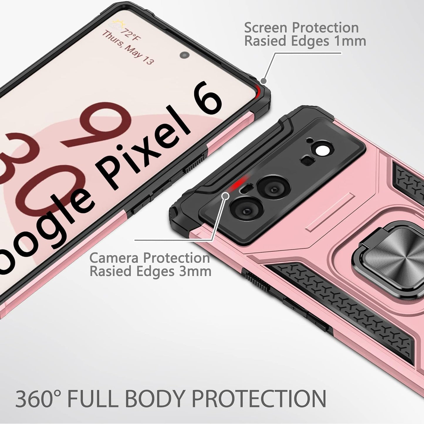 Google Pixel 6 Case, Google Pixel 6 Case with 3 Pcs Tempered Glass Screen Protector, Built in Magnetic Ring Kickstand Military-Grade Hard PC TPU Shockproof Aromr Case for Google Pixel 6 - Rose Gold  GAMEMIUZ   