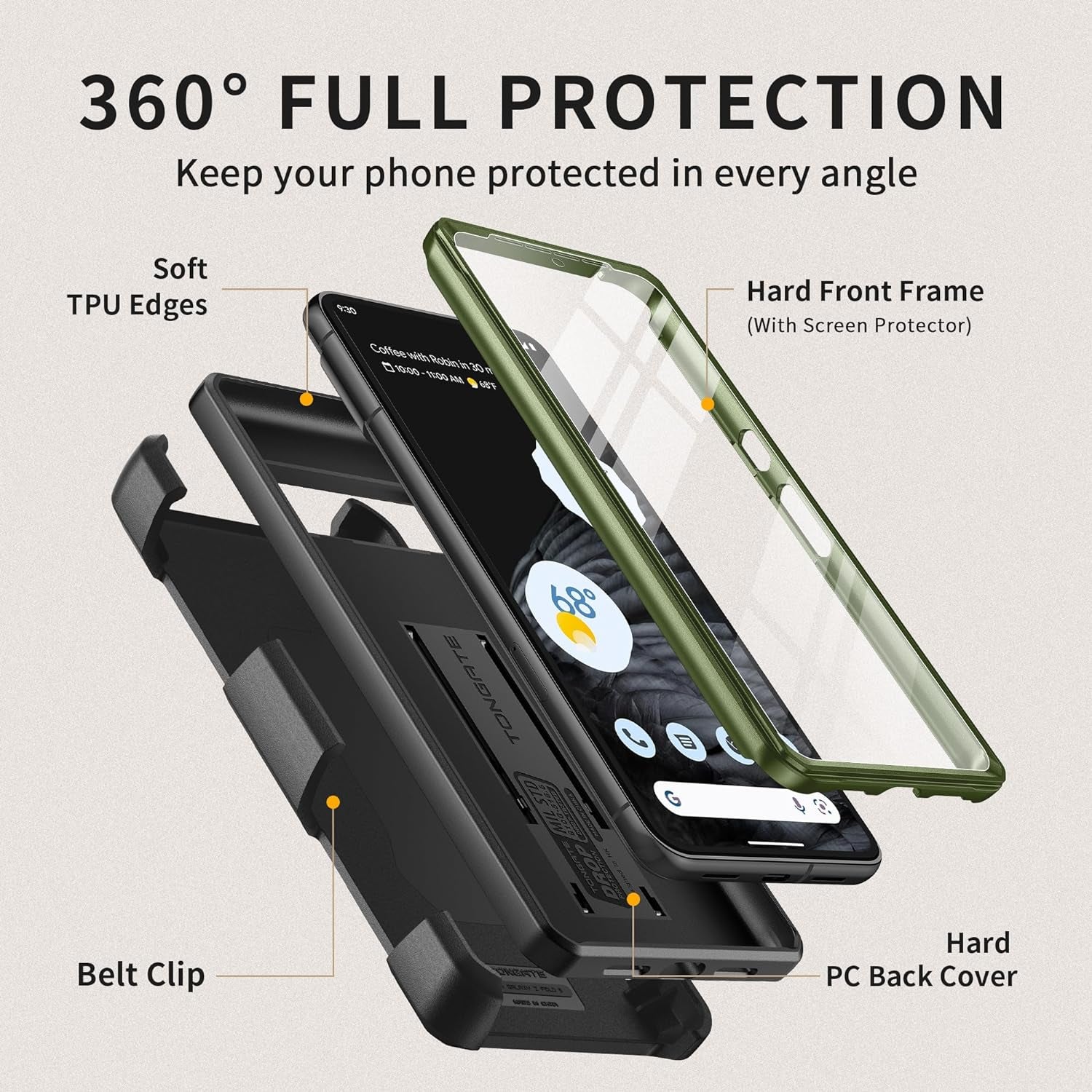 TONGATE for Pixel 8 Pro Case(2023), [Bulit-In Slide Camera Cover & Screen Protector] Military Grade Shockproof Rugged 5G Phone Case with Kickstand & Belt Clip for Google Pixel 8 Pro 6.7", Green  TONGATE   