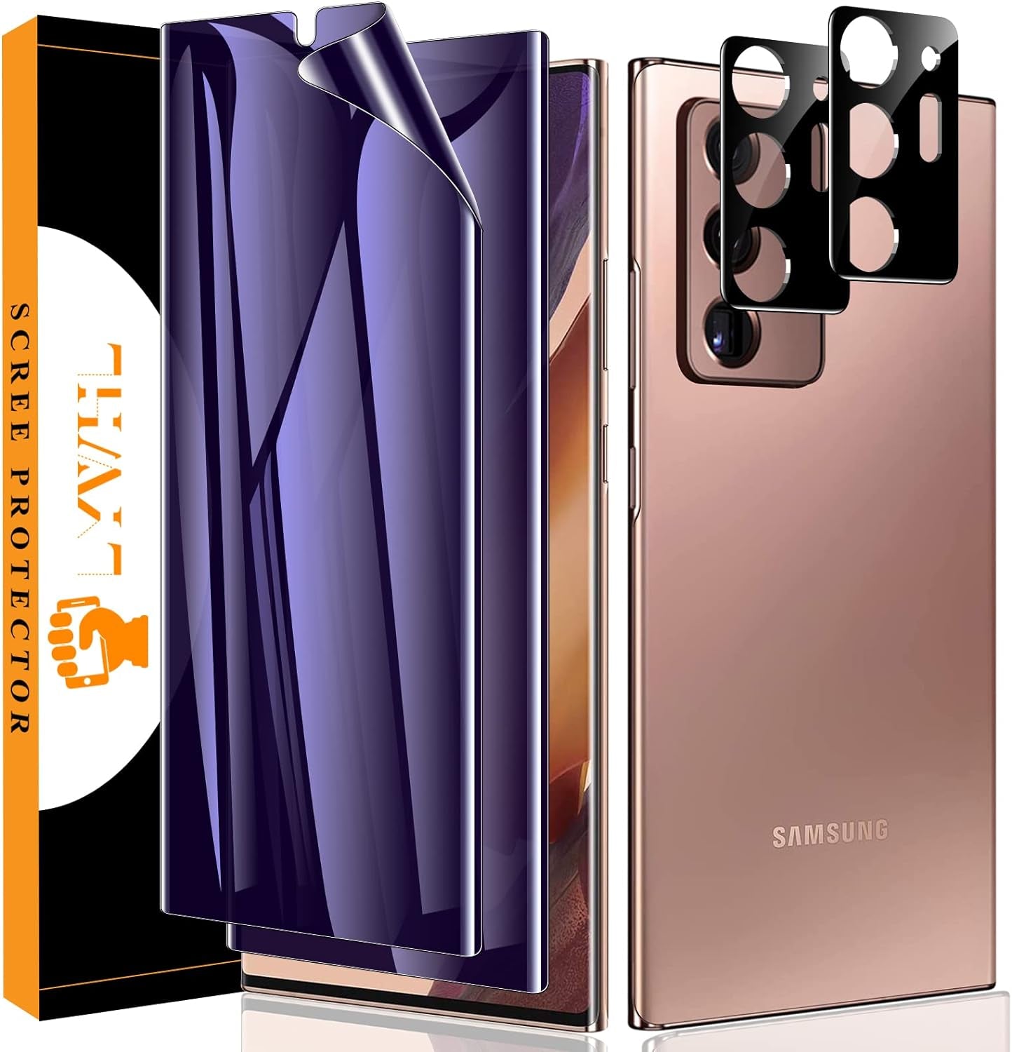 LYWHL [2+2 Pack] for Samsung Note 20 Ultra Privacy Screen Protector, [Support Fingerprint ID] Anti-Spy Black Full Adhesive Flexible Film + Camera Lens Glass Protector for Galaxy Note 20 Ultra  LYWHL Purple Note 20 Ultra 