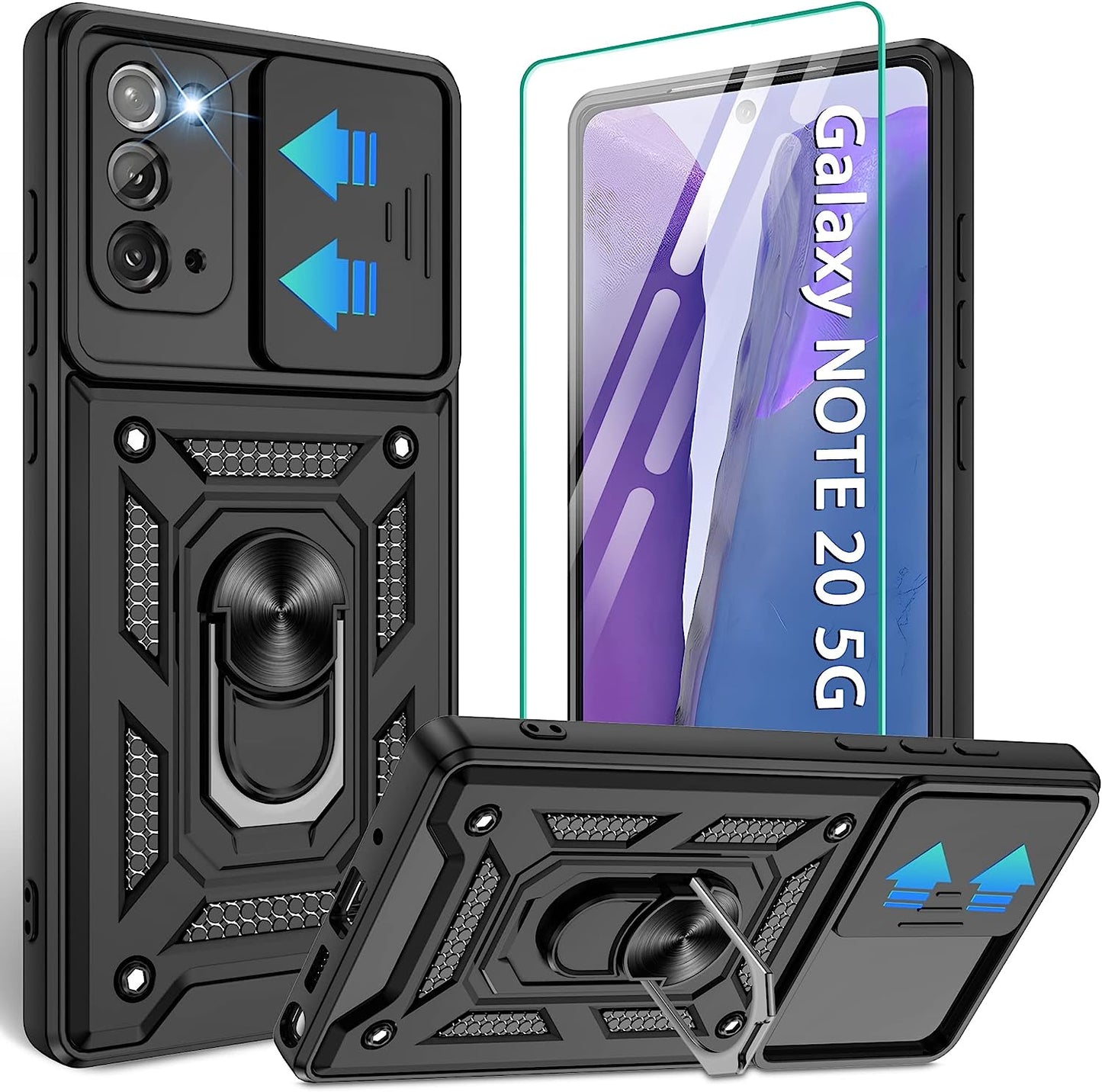 Compatible with Samsung Galaxy Note 20 5G Case,Samsung Note 20 Case with HD Screen Protector with Slide Camera Cover, 360°Rotation Ring Kickstand [Military Grade] Case for Galaxy Note 20,Silver  Gritup Black  