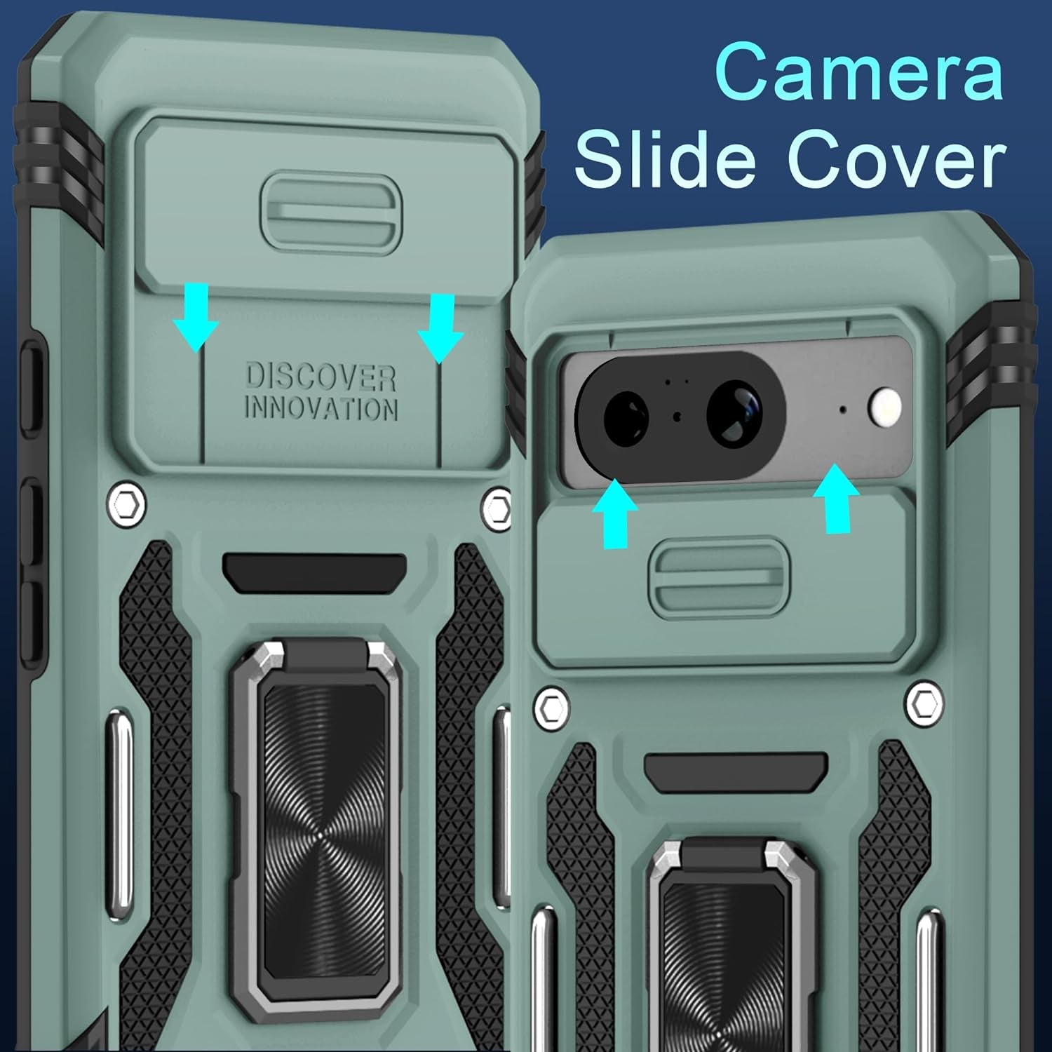 DEERLAMN for Google Pixel 8 Case with Slide Camera Cover+Screen Protector (1 Pack), Rotated Ring Kickstand Military Grade Shockproof Heavy Duty Protective Cover -Green  DEERLAMN   