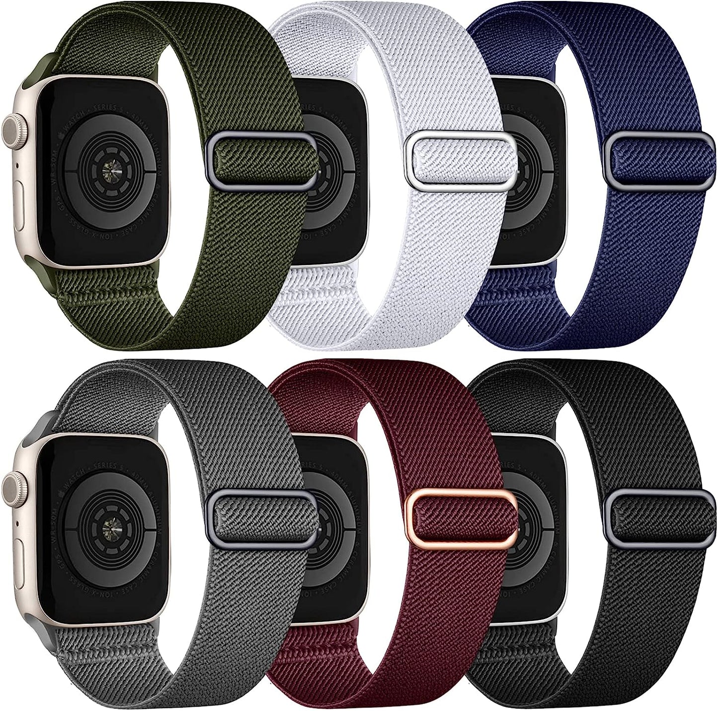 WJK Stretchy Nylon Solo Loop Bands Compatible with Apple Watch 38Mm 40Mm 41Mm 42Mm 44Mm 45Mm 49Mm for Women Men, Adjustable Braided Sport Elastic Wristbands for Iwatch Ultra SE Series 8 7 6 5 4 3 2 1, 6 Packs  WJK Gray/Black/Dark Blue/Army Green/White/Wine Red 42mm/44mm/45mm/49mm 