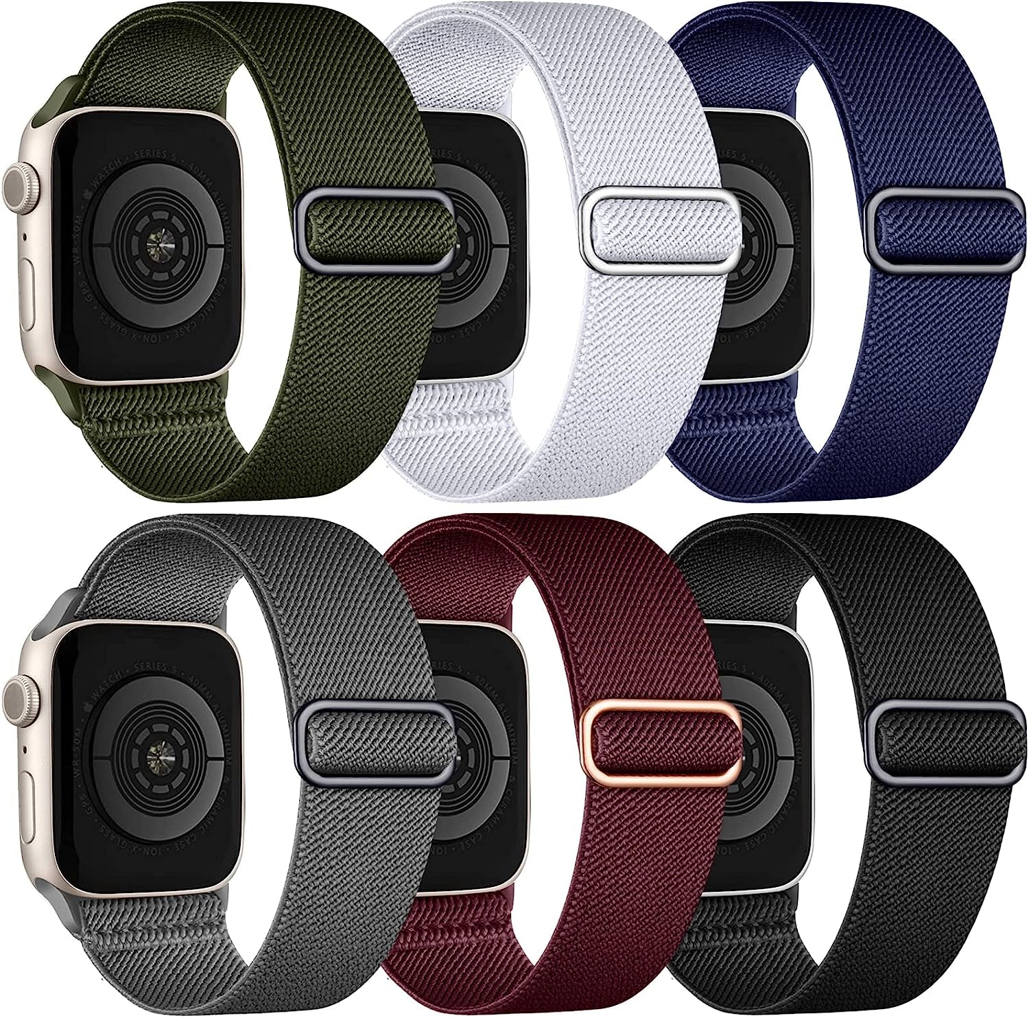 WJK Stretchy Nylon Solo Loop Bands Compatible with Apple Watch 38Mm 40Mm 41Mm 42Mm 44Mm 45Mm 49Mm for Women Men, Adjustable Braided Sport Elastic Wristbands for Iwatch Ultra SE Series 8 7 6 5 4 3 2 1, 6 Packs  WJK Gray/Black/Dark Blue/Army Green/White/Wine Red 42mm/44mm/45mm/49mm 