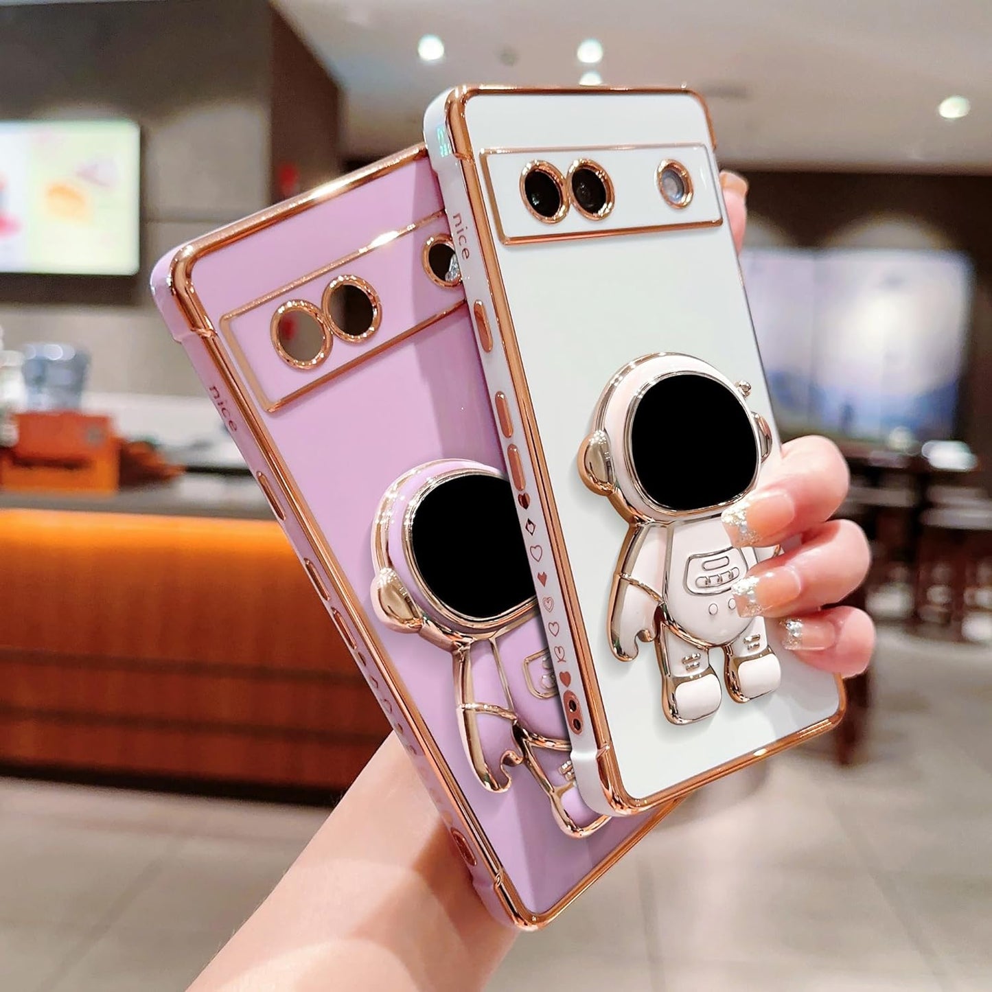 Phylla Phone Case for Google Pixel 7A 6.1” 5G,Luxury Plating Astronaut Stand Holder Phone Case with Cute Love Heart Side Small Pattern Soft Silicone Shockproof Kickstand Cover Bumper (White)  phylla   