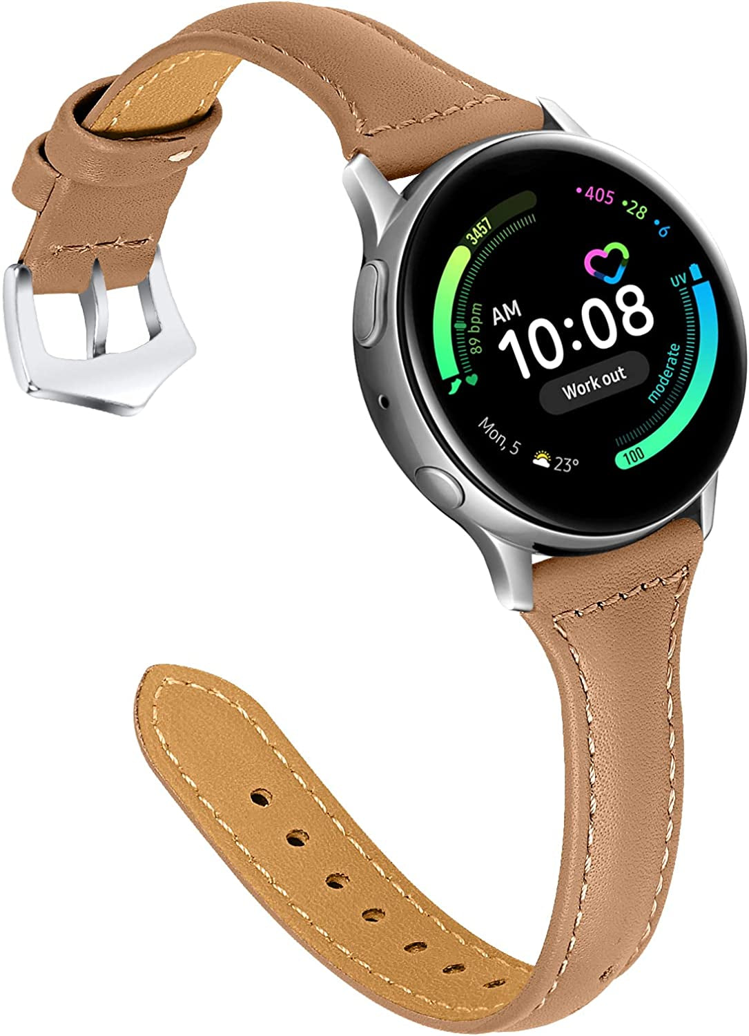 JOYOZY Leather Band Compatible with Samsung Galaxy Watch 5/4 40Mm 44Mm,Active(40Mm)/2(40Mm)(44Mm),Stylish Slim Wristband Strap for Galaxy Watch 42Mm/Samsung Galaxy Watch 4 Classic/Watch 5 Pro 45Mm  Joyozy Light Chocolate/Silver  