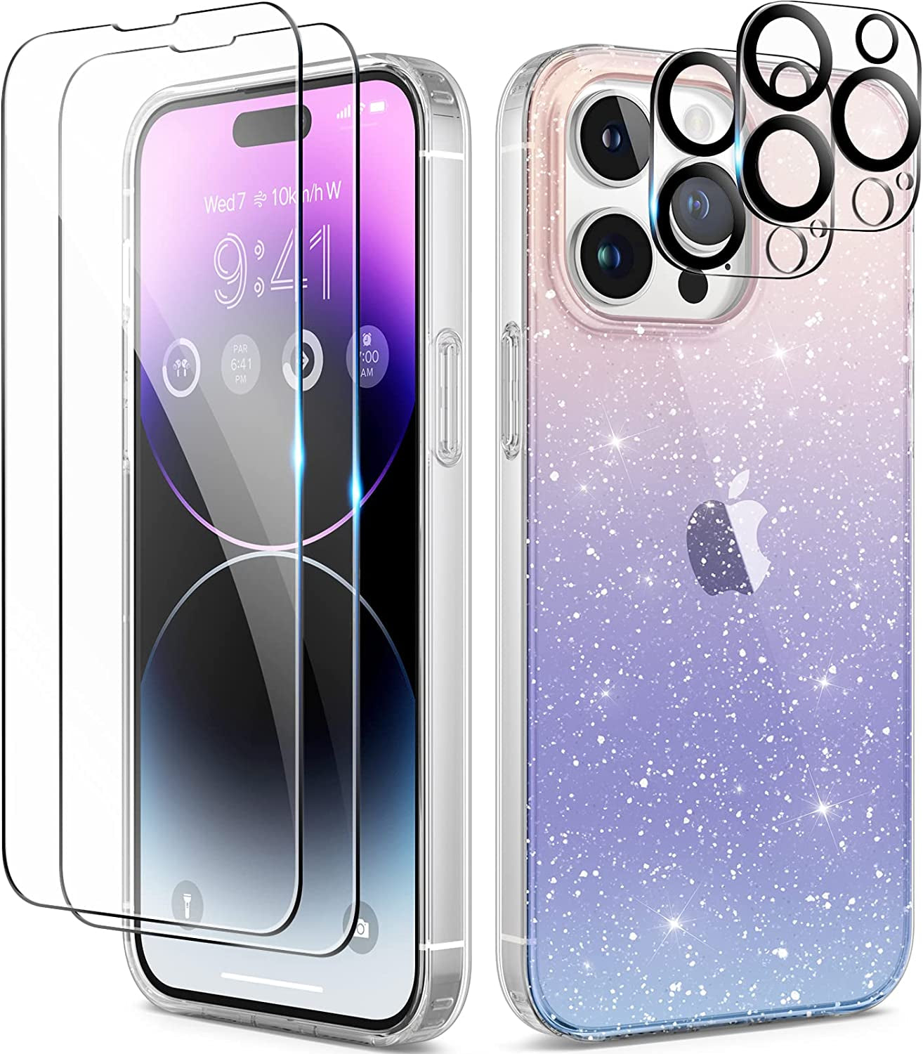 BERFY Glitter Case for Iphone 14 Pro Max, with 2Pcs Screen Protector+2Pcs Camera Protector, [Non-Yellowing] Clear Bling Sparkle Cute Shockproof Phone Case for Women, 6.7 Inch Cover, Glitter Clear  BERFY Gradient Iphone 14 Pro Max 6.7 Inch 