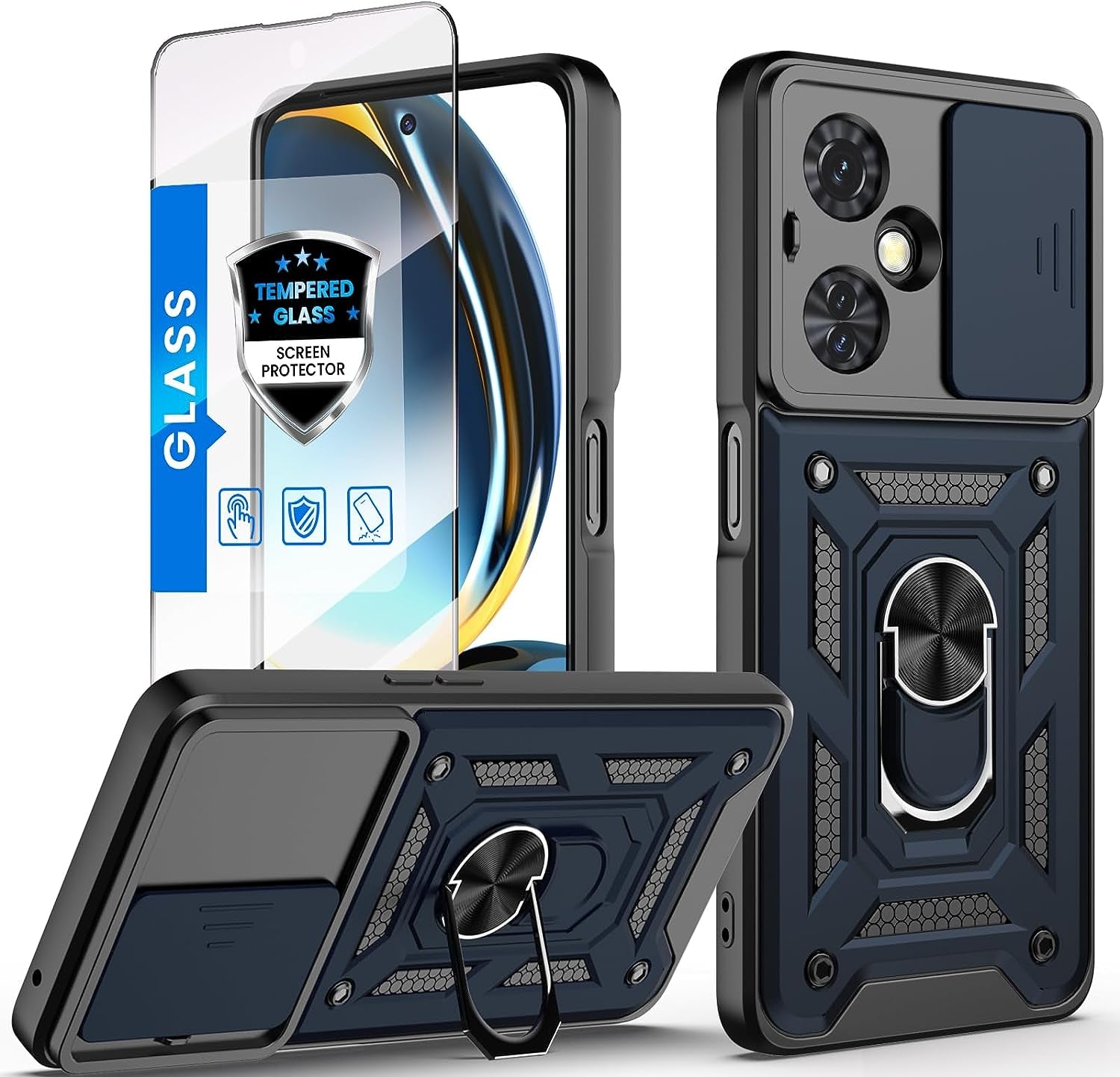 Dretal for Oneplus Nord N30 5G Case, with Stand Kickstand Ring and Camera Cover with Tempered Glass Screen Protector, Military Grade Shockproof Protective Cover for Oneplus N30 5G (Black)  Dretal Blue  