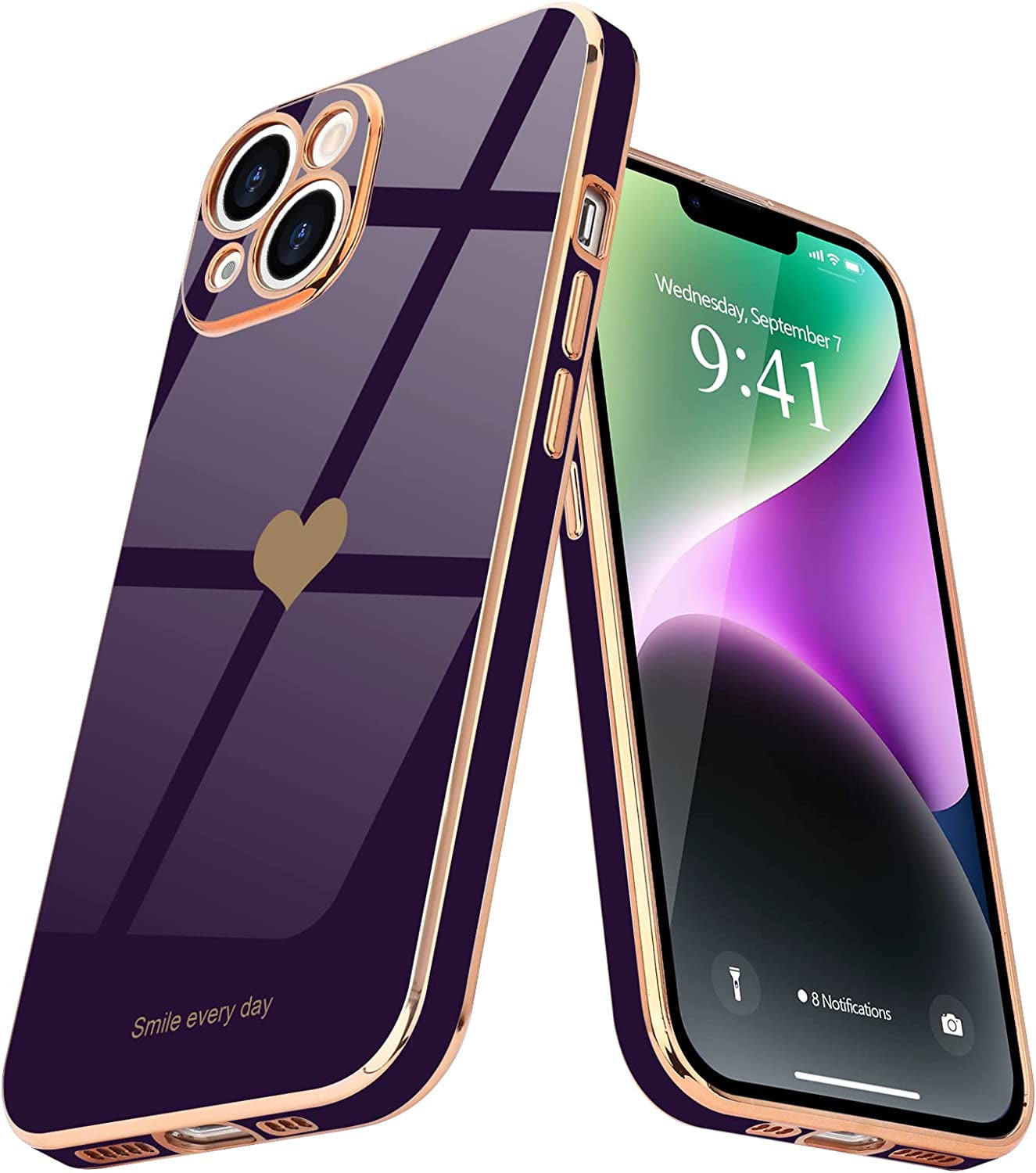 Teageo for Iphone 14 Case for Women Girl Cute Love Heart Luxury Electroplate Plating Soft Bling Back Cover Raised Full Camera Protection Bumper Silicone Shockproof Phone Case for Iphone 14, Lavender  janzee Dark Purple  