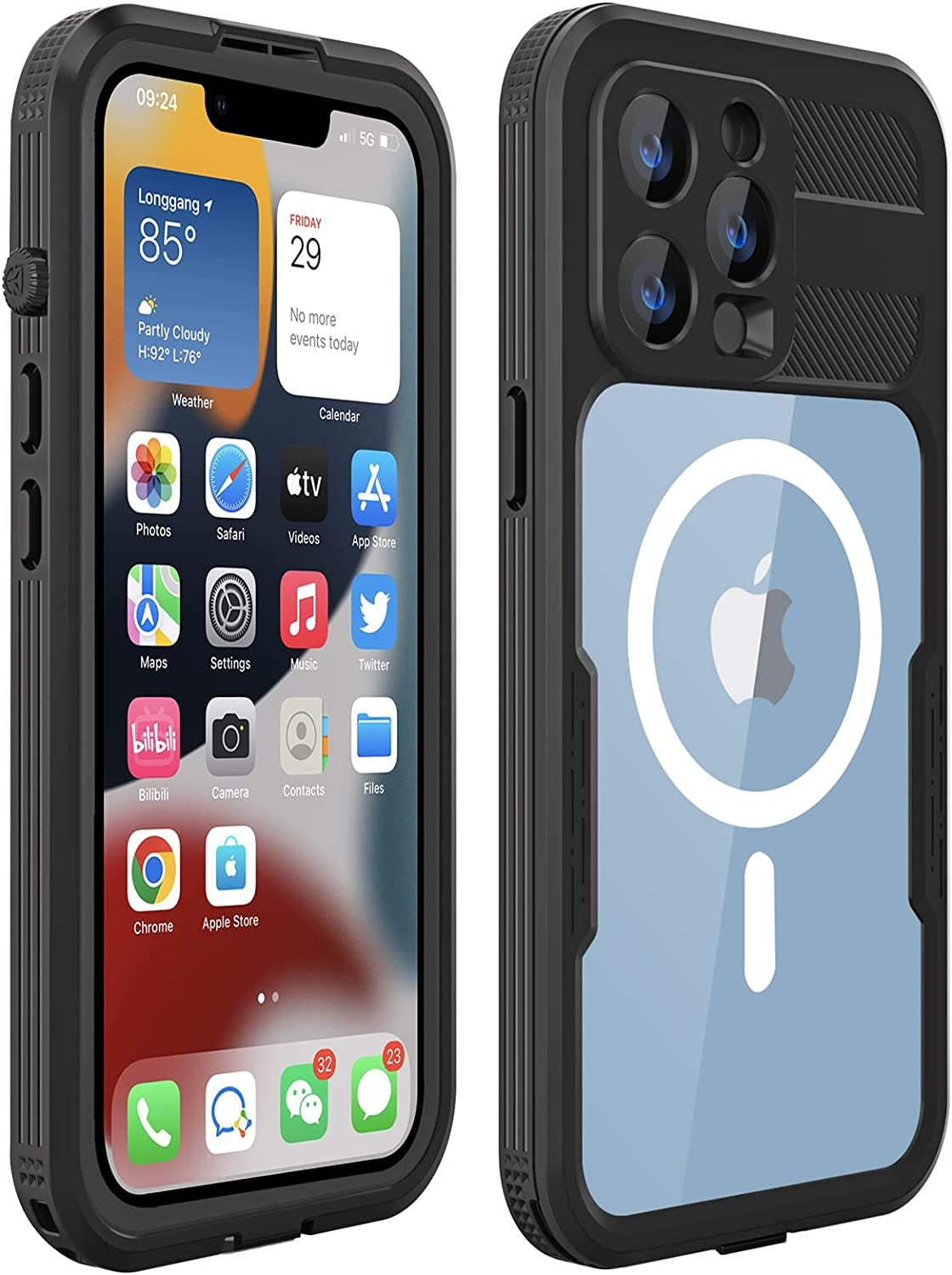 Dewfoam Waterproof Iphone 14 plus Case - Shockproof, Dustproof, Built-In Screen Protector, Magnetic Ring, 6.7" (Black)  Dewfoam Black Iphone 14 Pro 