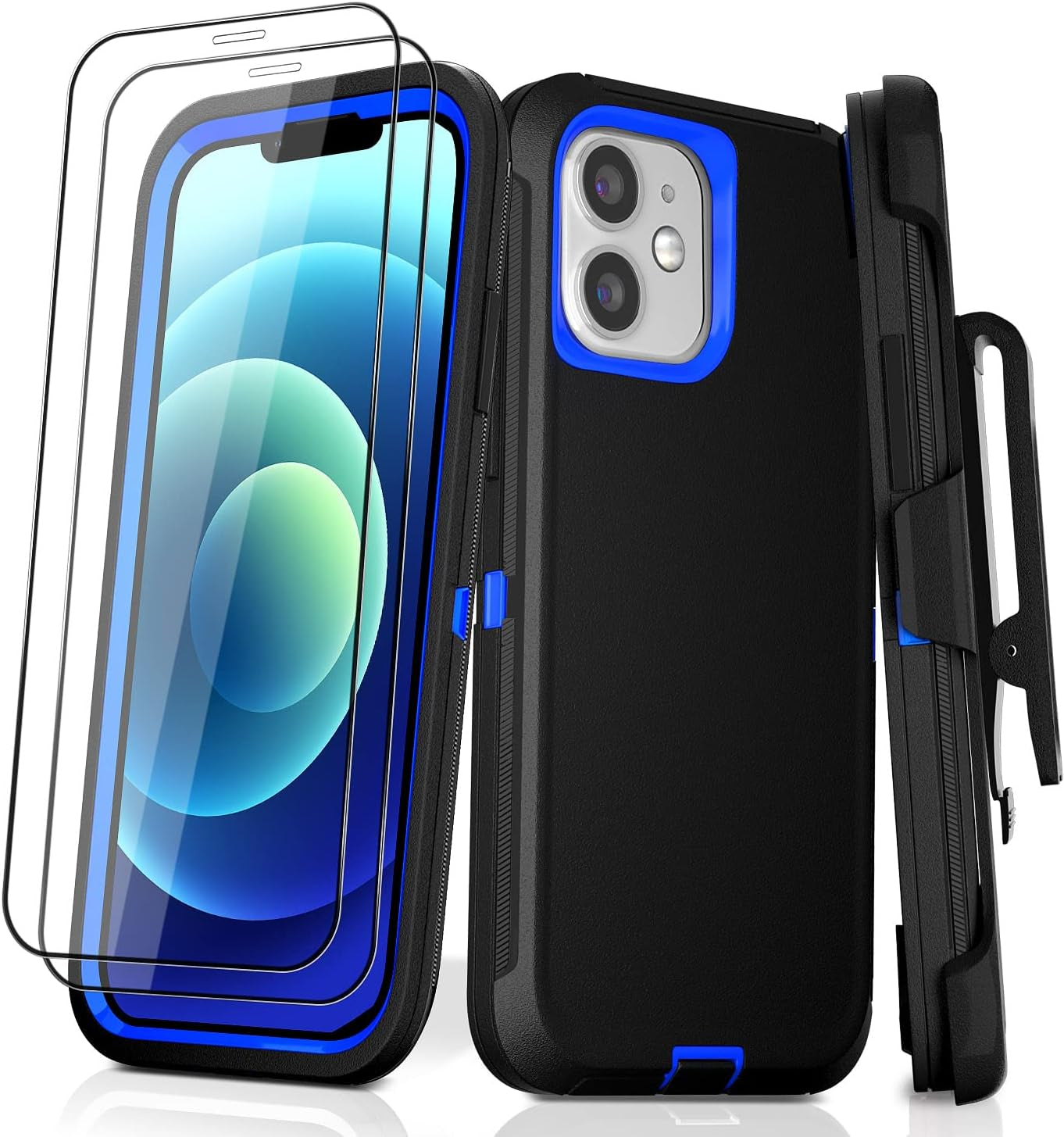 DHCALL for Iphone 12 Case & Iphone 12 Pro Case (6.1"), with 2 Tempered Glass Screen Protector,Belt Clip Holster, [Full Body Drop Protection] Shockproof Tough Durable 6.1 Inch（Black Green+Clip）  DHCALL   