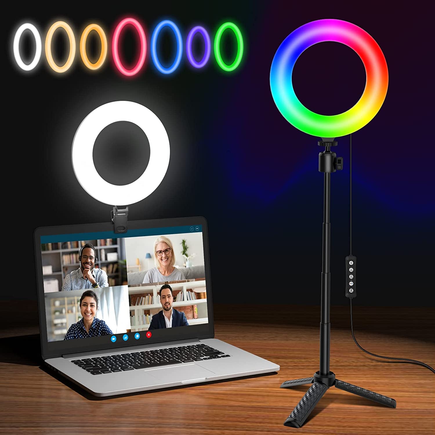 6.5" Ring Light for Computer Video Conference Lighting, Zoom Meetings. 29 Modes Dimmable Ringlight with Desk Tripod Stand and Clip. Laptop Webcam Light. Portable Selfie Light with RGB LED  Vlogging   