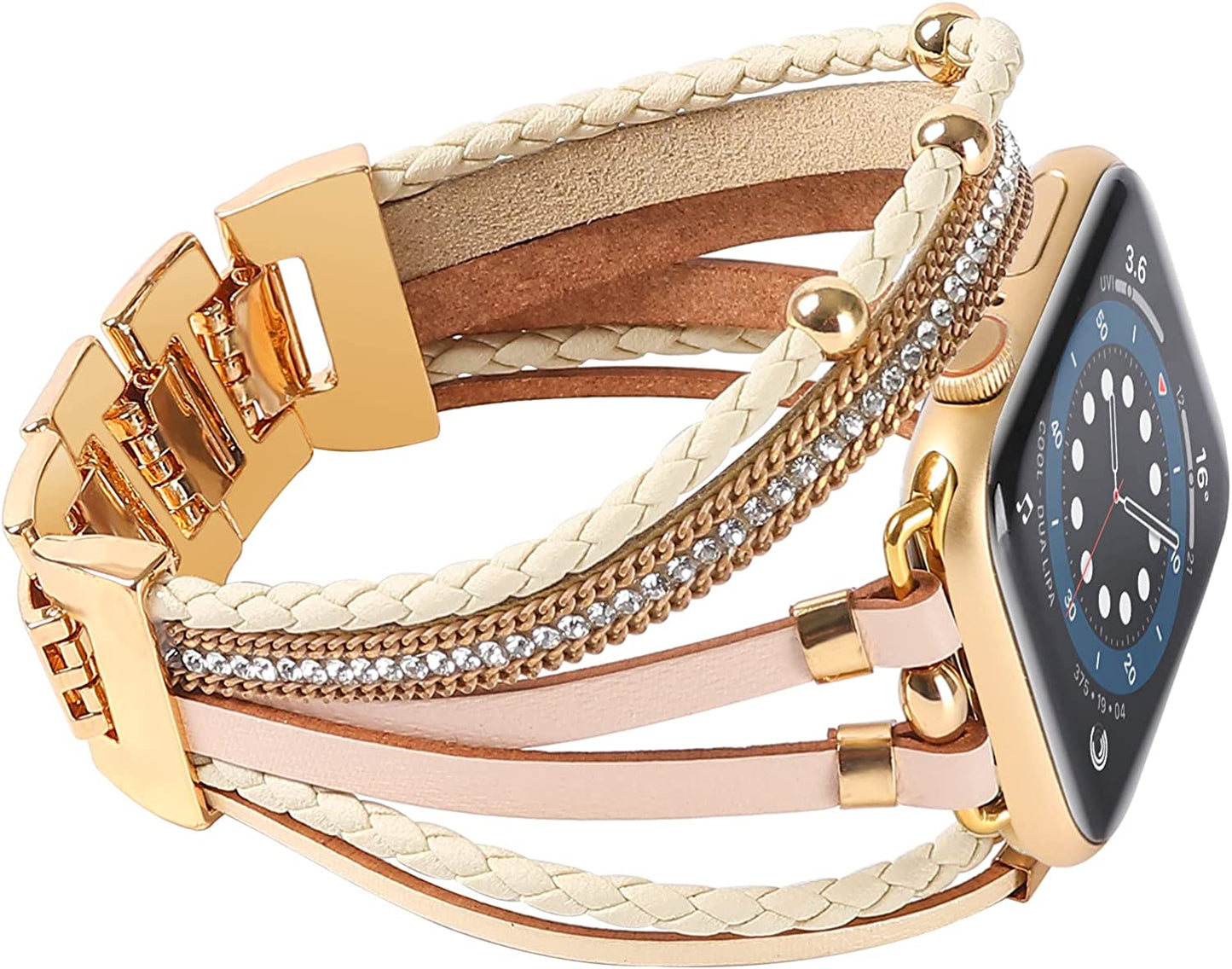 WONMILLE Posh Leather Bands Compatible with Apple Watch 41Mm 40Mm 38Mm 45Mm 44Mm 42Mm 49Mm Women, Boho Bracelets Jewelry Multilayer Wrap Strap for Iwatch Series Ultra 8 7 6 5 4 3 2 1 SE  WONMILLE Khaki with Gold 38mm/40mm/41mm 