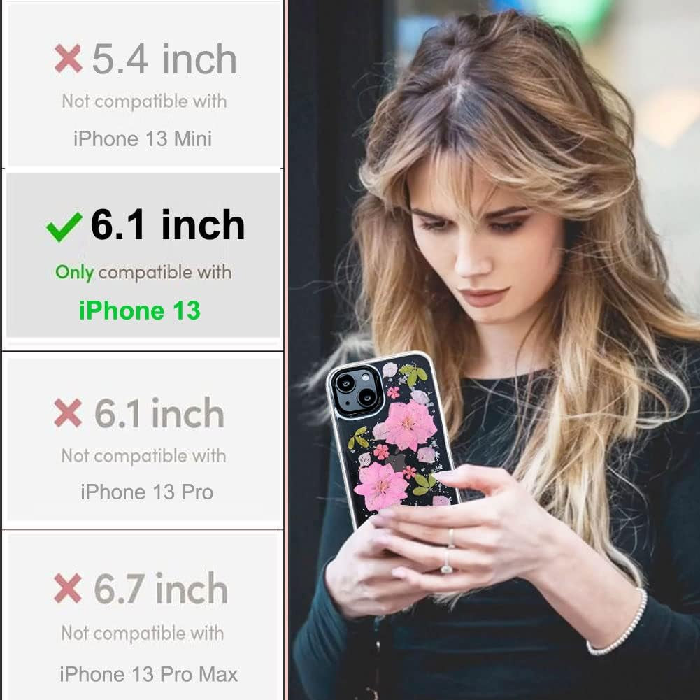 Abbery Designed for Iphone 13 Pressed Flower Case, Cute Clear with Design Bling Glitter Sparkle Soft TPU Transparent Dried Real Flower Floral Aesthetic Case for Women Girls (3 Pink Flower)  Abbery   