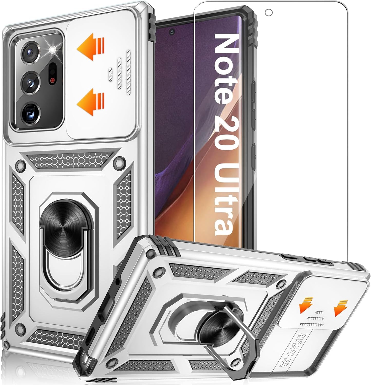 ATUMP for Samsung Galaxy Note 20 Ultra Case with HD Screen Protector, Build in 360° Rotating Ring Kickstand [Military Grade] Protective Case for Galaxy Note 20 Ultra, Black  Atump Silver  
