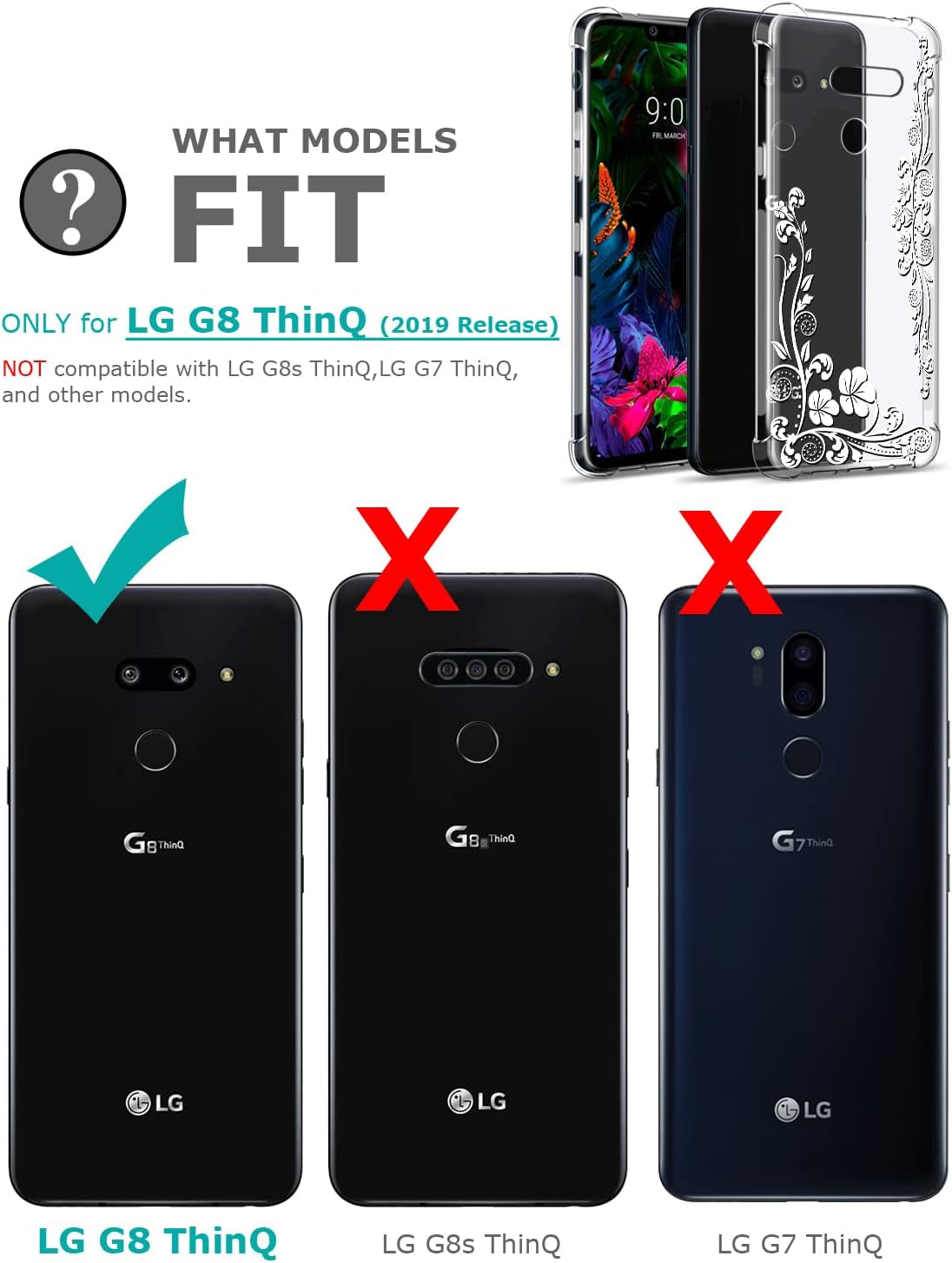 GREATRULY Floral Clear Pretty Phone Case for LG G8 Thinq (2019 Release) for Women Girls,Flower Design Transparent Slim Soft Drop Proof TPU Bumper Cushion Silicone Cover Shell,Fl-F12  GREATRULY   