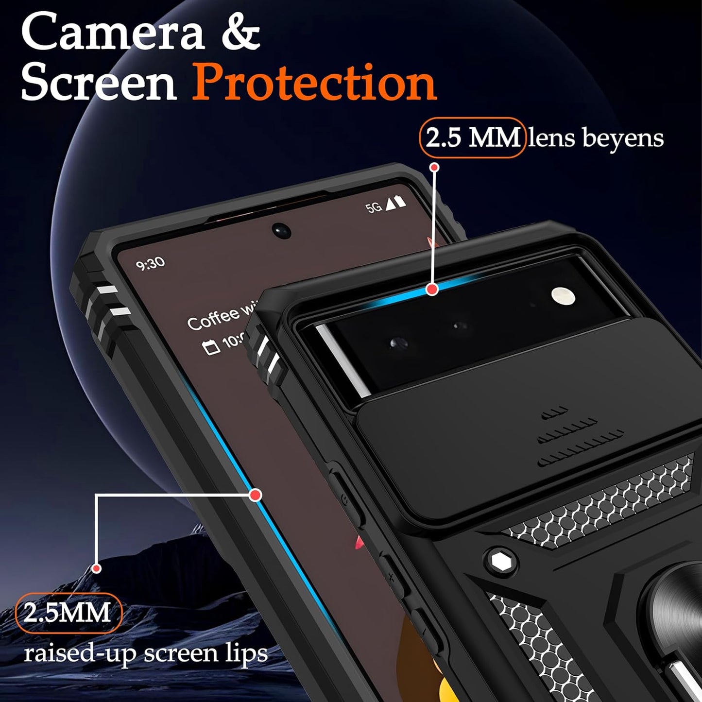 Ibaove for Google Pixel 6 Case with Slide Camera Cover+2 HD Screen Protector, [Military Grade] Shockproof Phone Case with Ring Kickstand for Google Pixel 6 Phone, Black  iBaove   