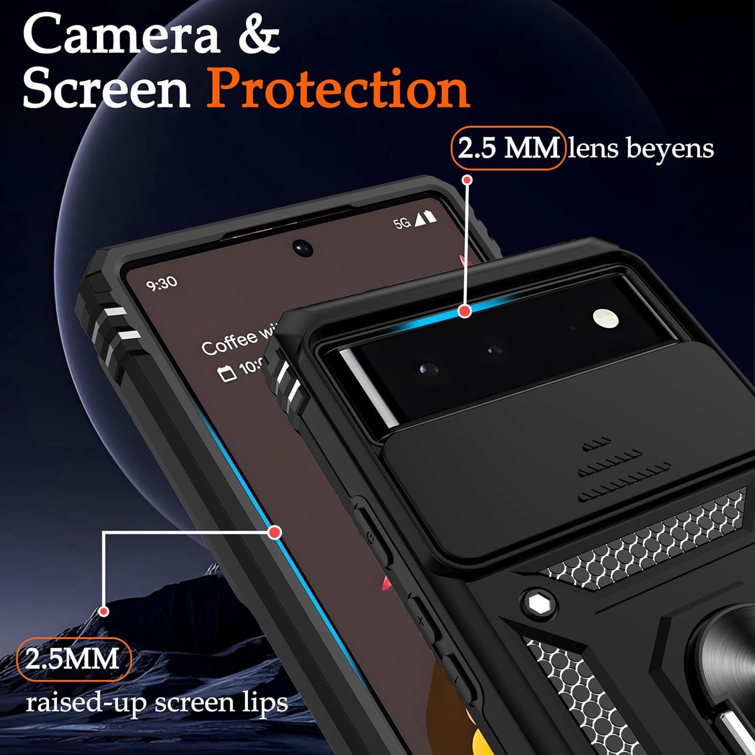 Ibaove for Google Pixel 6 Case with Slide Camera Cover+2 HD Screen Protector, [Military Grade] Shockproof Phone Case with Ring Kickstand for Google Pixel 6 Phone, Black  iBaove   