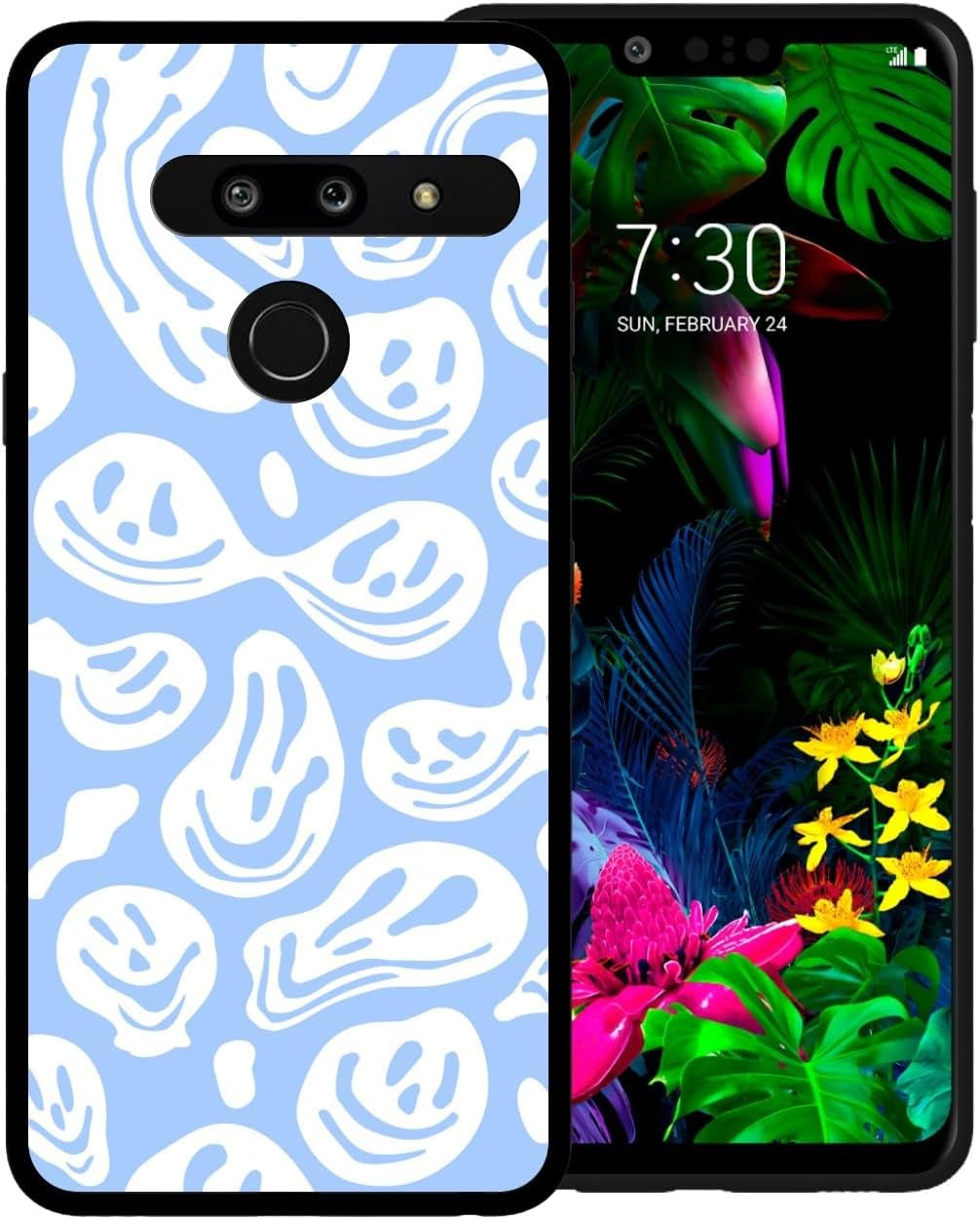 Zaztify Phone Case for LG G8 Thinq, Pastel Pink White Funny Trippy Dripping Smile Melted Hippie Smiling Skull Ghost Face Shockproof Protective Cover Shell  zaztify Light Blue White Trippy Face  