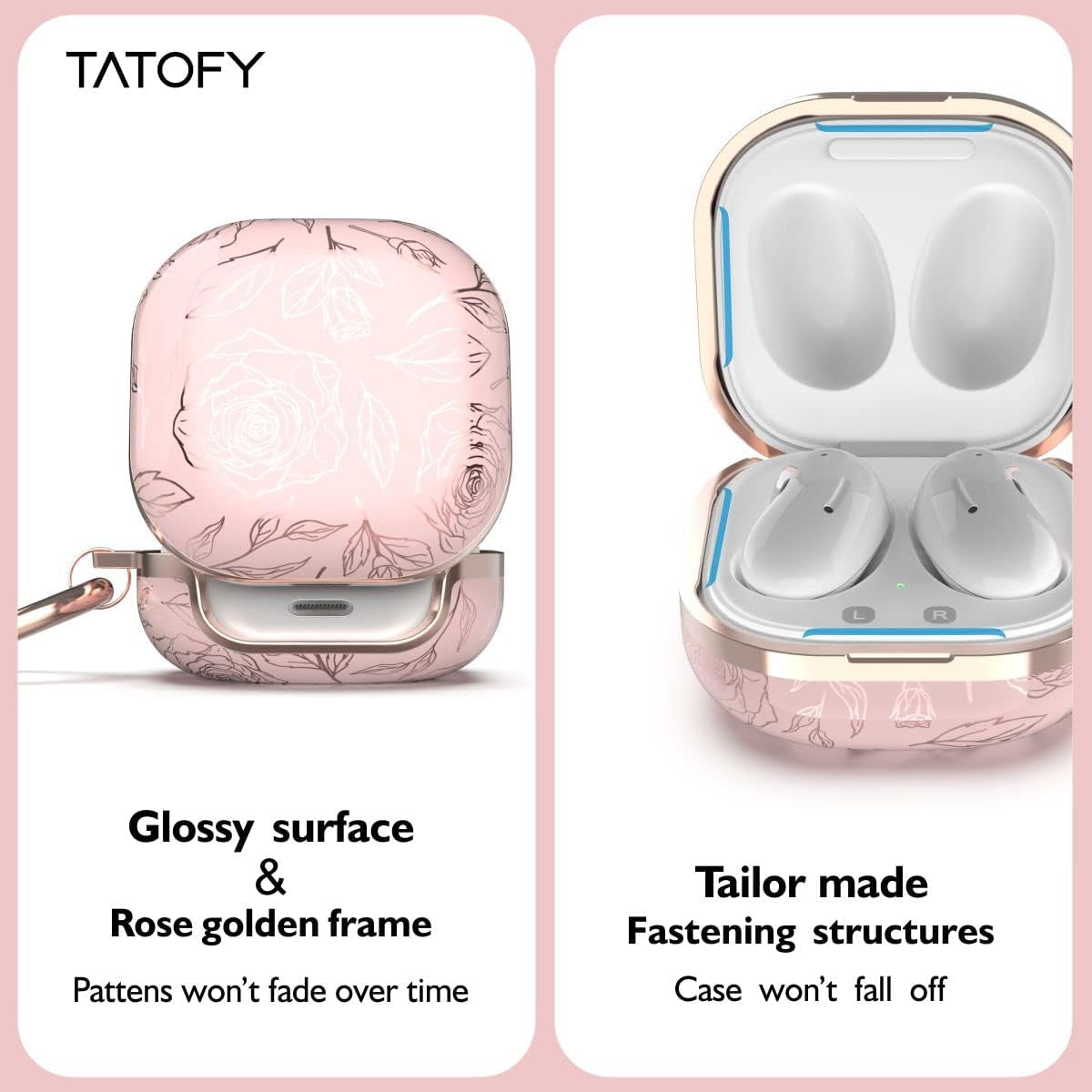 TATOFY Case for Galaxy Buds 2 Pro, Galaxy Buds 2, Galaxy Buds Pro, Galaxy Buds Live, Golden Leaf Golden Flower Hard Case with Carabiner, Support Wireless Charging, LED Visible (Pink & Golden)  TATOFY   