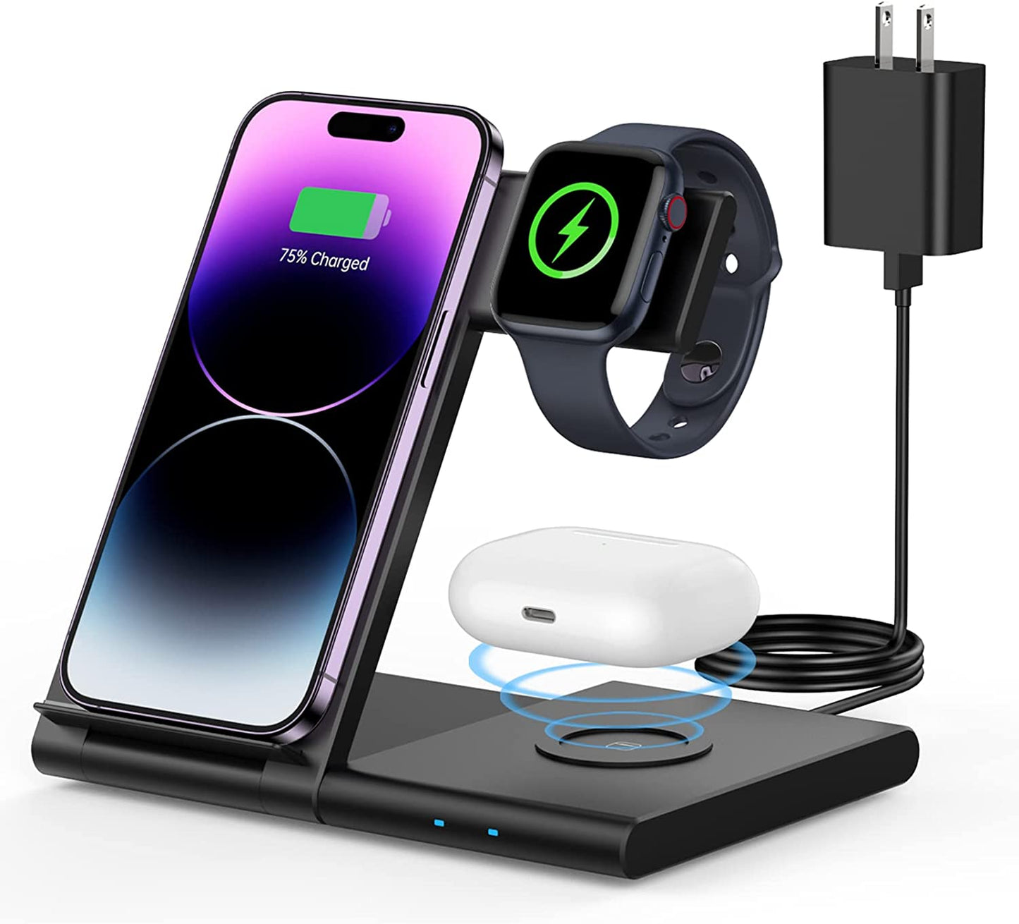 Wireless Charging Station WATOE 3 in 1 Fast Wireless Charger Stand Foldable for Iphone 14/13/12/11 (Pro, Pro Max)/Xs/Xr/X/8 (Plus), Apple Watch Series 8/7/6/SE/5/4/3/2 & Airpods 3/2/Pro with Adapter  Bormmie   
