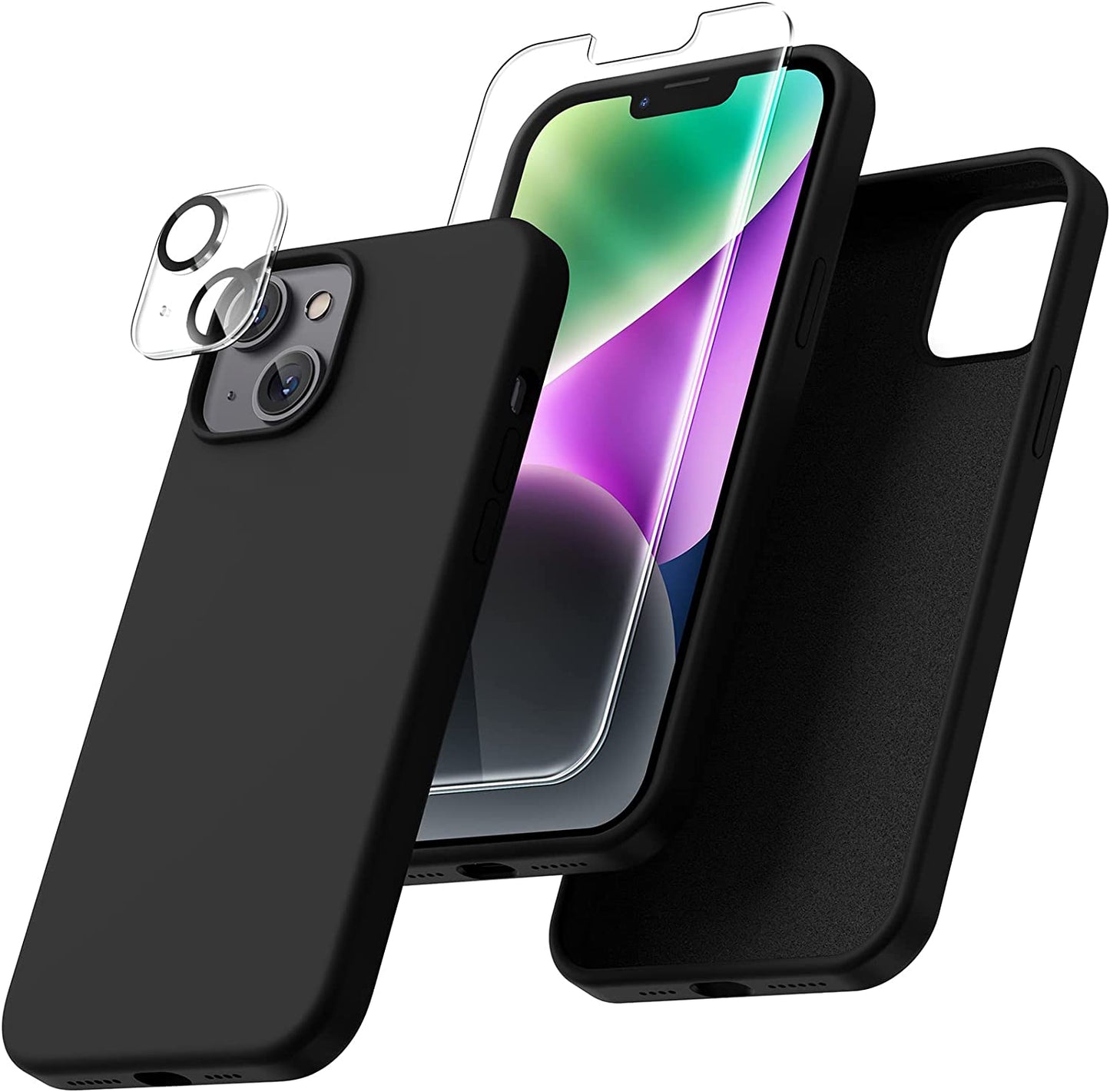 Uyiton [5 In1] Liquid Silicone Iphone 12 PRO Max Case, [Drop Protection] [Full Covered] Shockproof Slim Thin Cover with Microfiber Lining, with 2Xscreen Protector +2Xcamera Lens Protector-Green  Uyiton 14P-Black Iphone 14 Plus 