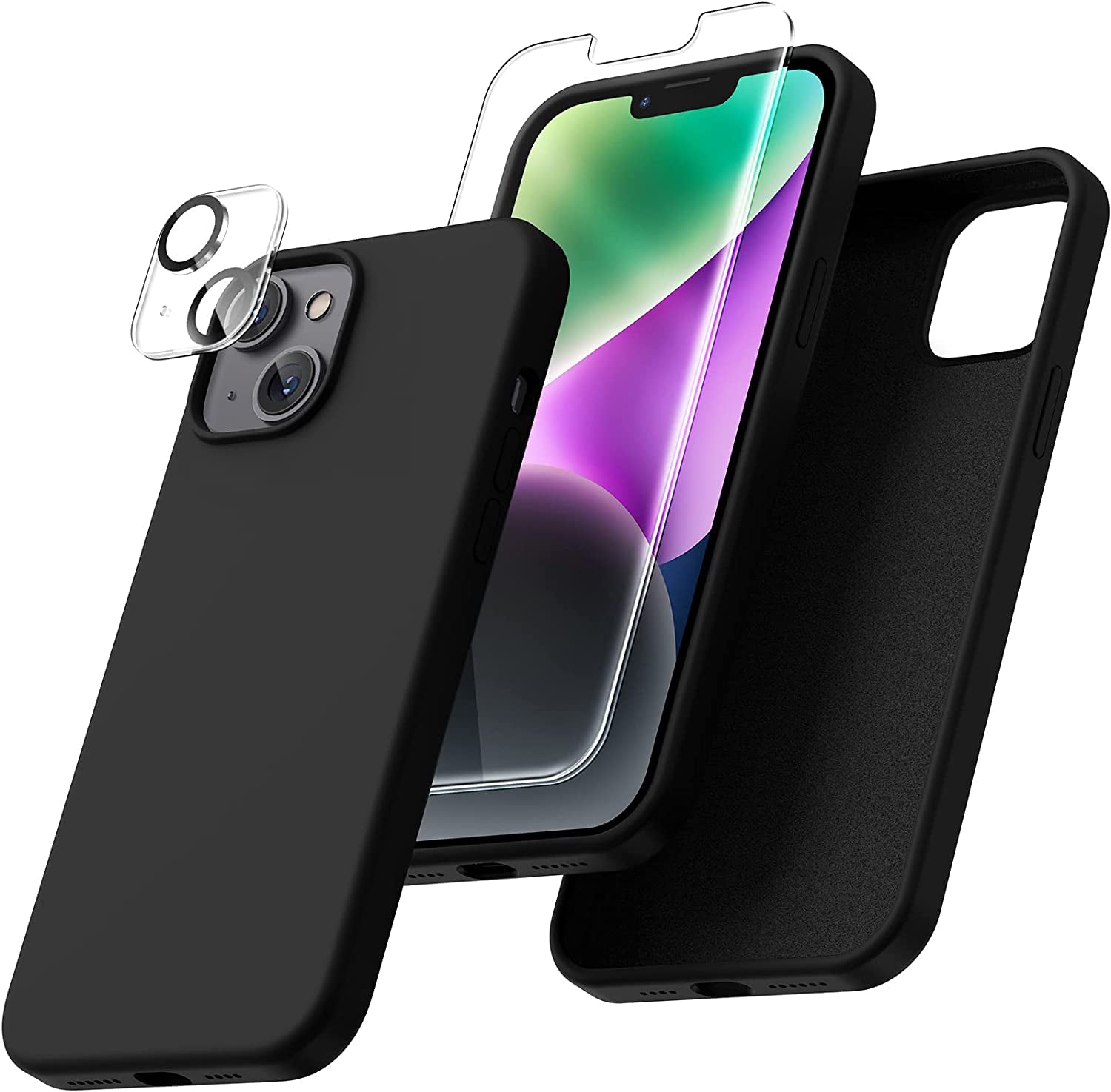 Uyiton [5 In1] Liquid Silicone Iphone 12 PRO Max Case, [Drop Protection] [Full Covered] Shockproof Slim Thin Cover with Microfiber Lining, with 2Xscreen Protector +2Xcamera Lens Protector-Green  Uyiton 14P-Black Iphone 14 Plus 