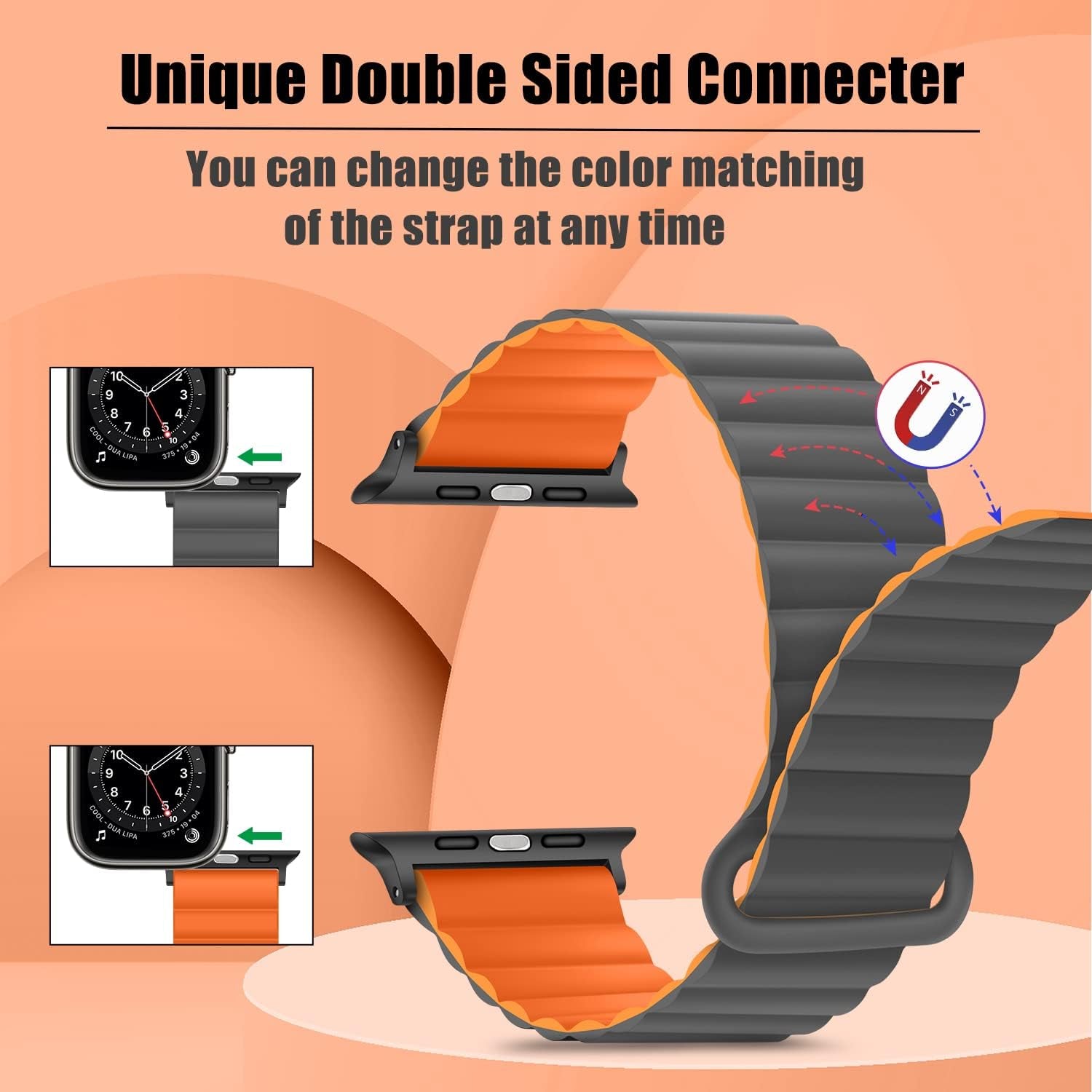 HITZEE Compatible with Apple Watch Band 41Mm 40Mm 38Mm, Double Sided Wearable Silicone Magnetic Loop Bands Compatible for Apple Watch Series 8 7 SE 6 5 4 3 2 1, Gray Orange  HITZEE   