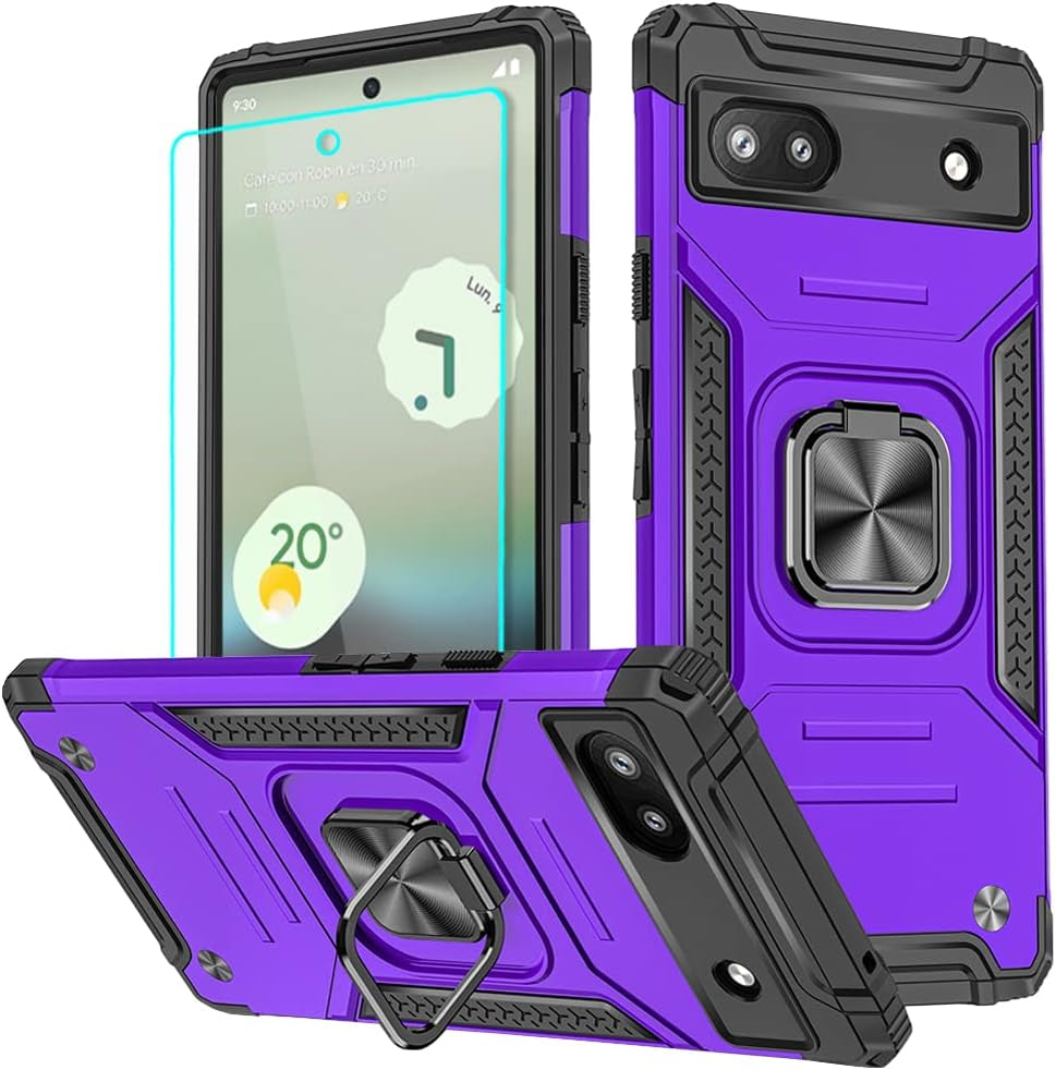 For Pixel 6A Case, Google Pixel 6A Case with HD Screen Protector, 360°Military Grade Rotatable Kickstand (Heavy Duty) Shockproof Protective Cases for Pixel 6A Case (Blue)  HNHYGETE Purple  