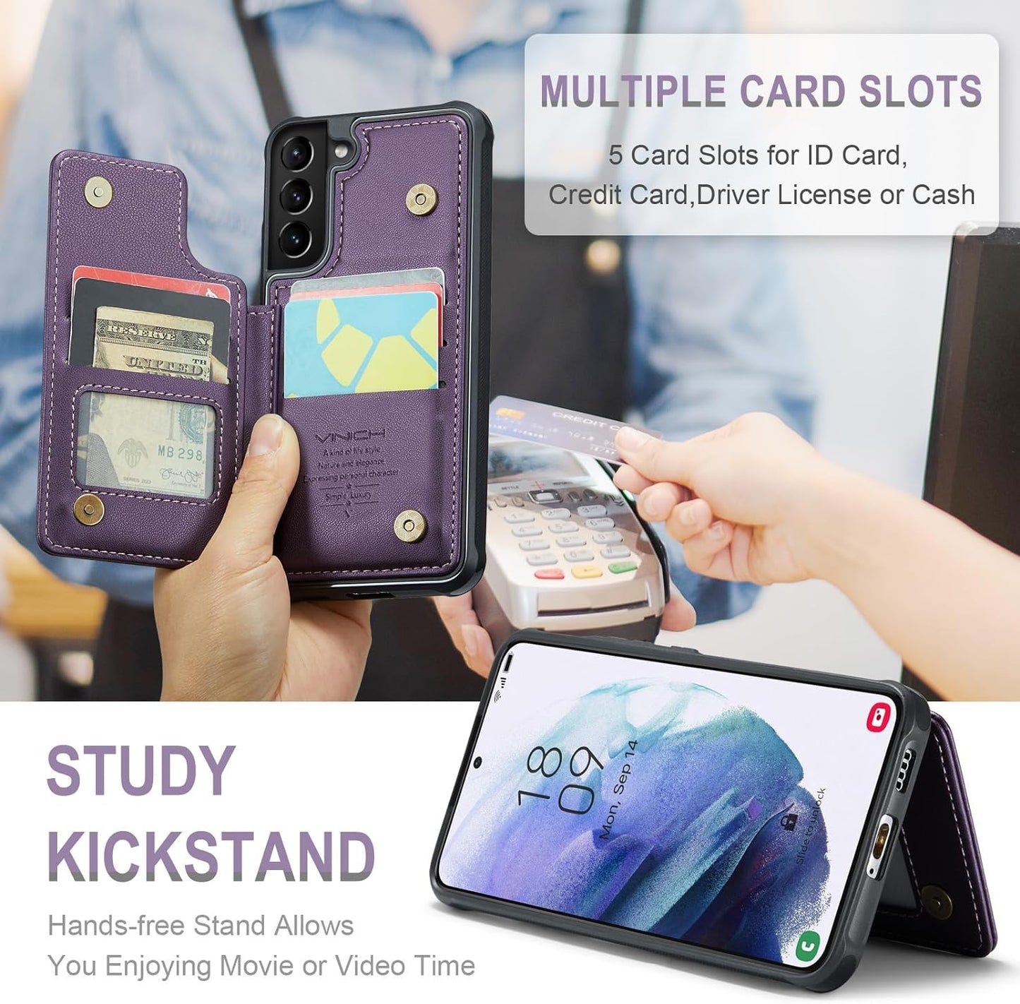 Vinich Samsung Galaxy S21 plus Case with Card Holder, Samsung S21 plus Wallet Case for Women Men with RFID Blocking, Durable Leather Kickstand Shockproof Phone Case for Galaxy S21 plus 5G, Purple  Vinich   