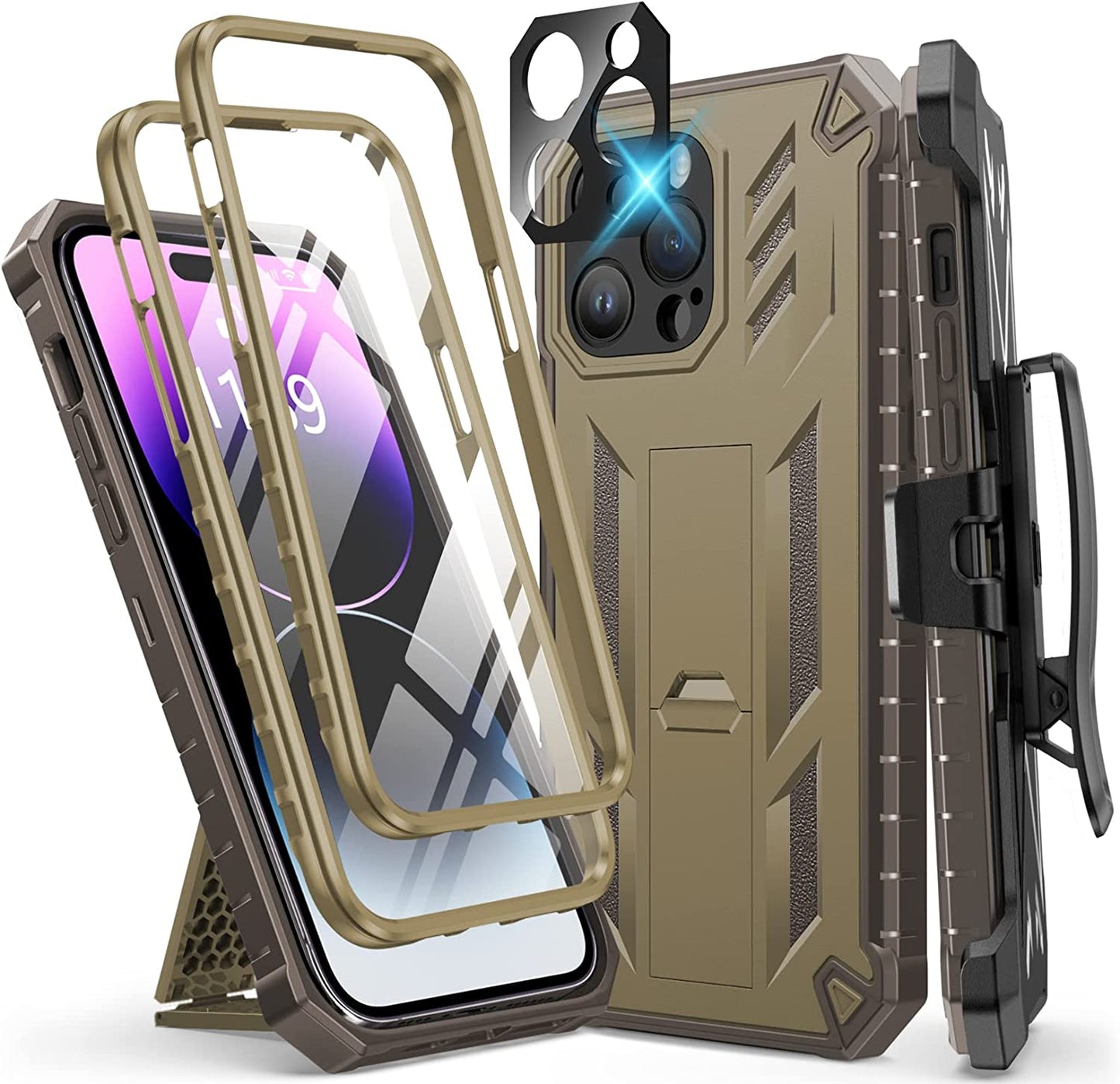 FNTCASE for Iphone 14 Pro Max Case: Military Grade Rugged Cell Phone Cover with Kickstand & Holster | Shockproof TPU Protection Bumper Matte Textured Design for Iphone 14 Pro Max Cases 6.7Inch - Beige  FNTCASE Brown  