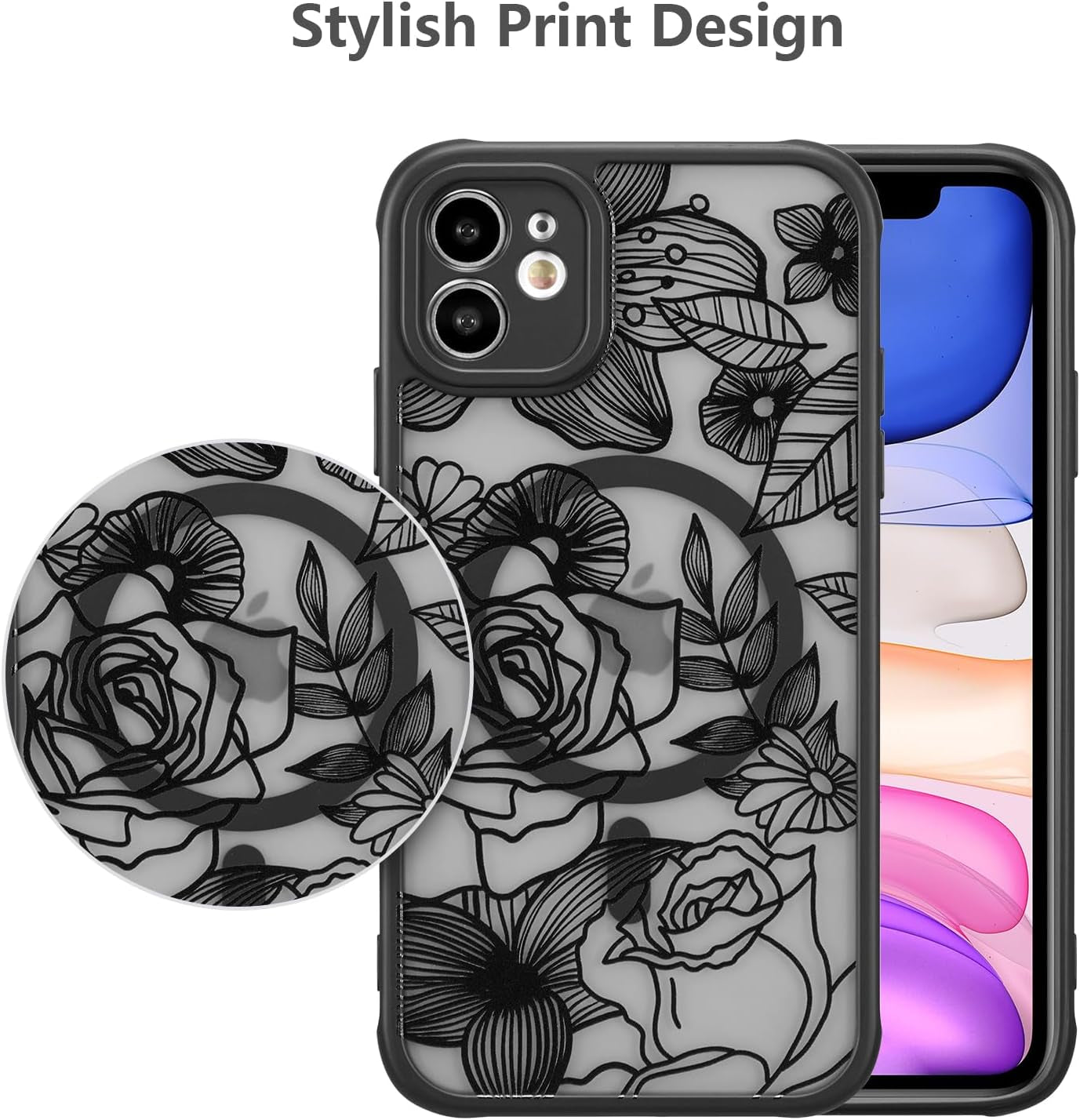 XIZYO Magnetic Case for Iphone 11 6.1 Inch Floral Rose Cute Phone Case [Compatible with Magsafe] for Women Girls Aesthetic Pattern Slim TPU Shockproof Bumper Case, Black  XIZYO   