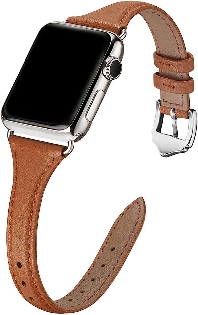 WFEAGL Leather Bands Compatible with Apple Watch Band 38Mm 40Mm 41Mm 42Mm 44Mm 45Mm 49Mm Women, Top Grain Leather Strap Slim & Thin Replacement Wristband for Iwatch Ultra SE & Series 8 7 6 5 4 3 2 1  WFEAGL Brown/Silver 42mm 44mm 45mm 49mm 