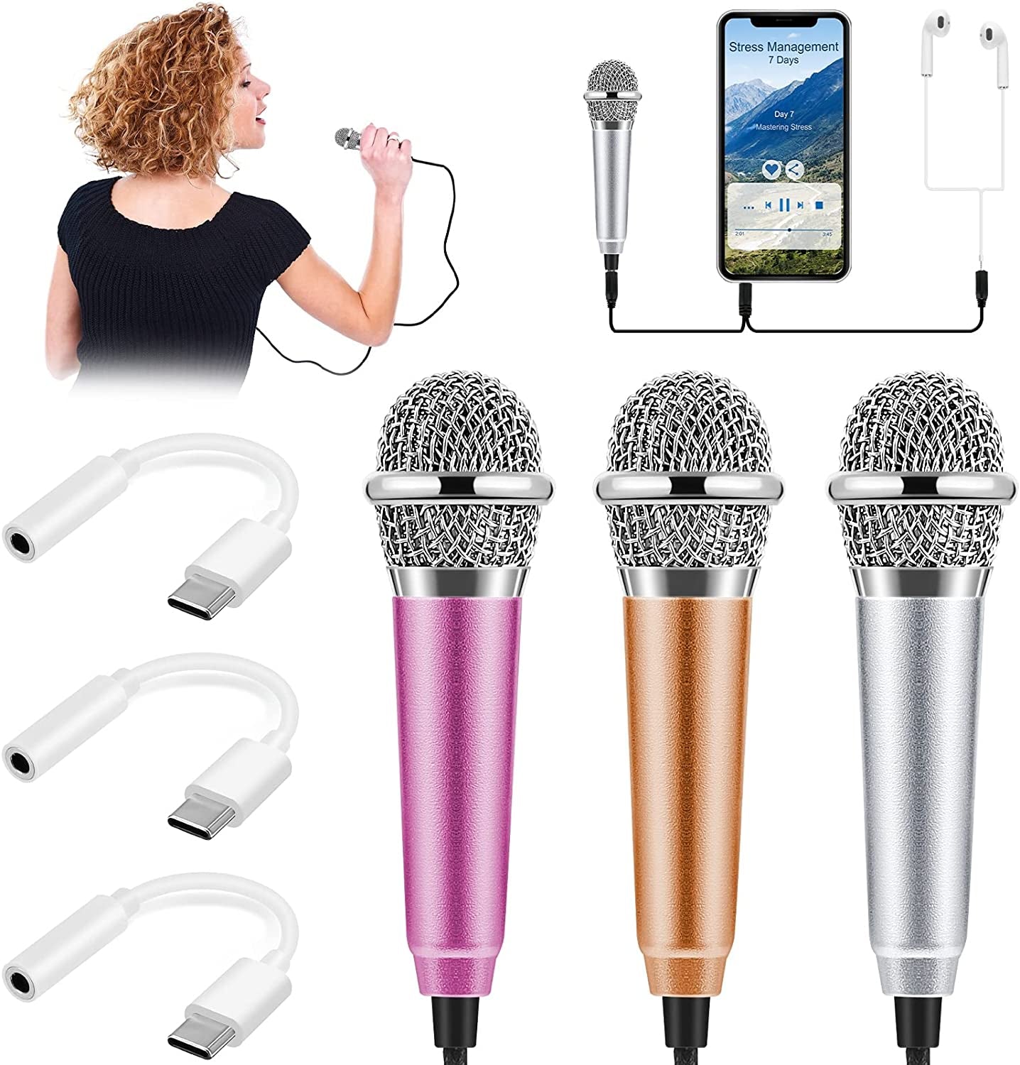 3 Pieces Mini Microphone Tiny Microphone Mini Portable Vocal Instrument Microphone and 3 Pieces USB Type C to 3.5 Mm Female Adapter for Mobile Phone  Flutesan   