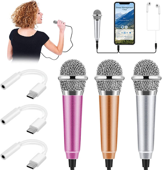 3 Pieces Mini Microphone Tiny Microphone Mini Portable Vocal Instrument Microphone and 3 Pieces USB Type C to 3.5 Mm Female Adapter for Mobile Phone  Flutesan   