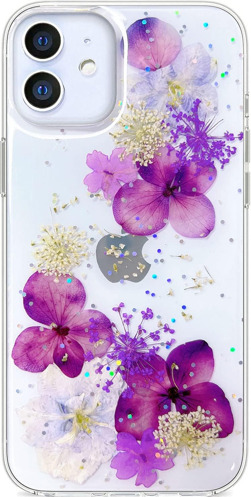 Abbery Designed for Iphone 12 Mini Case Glitter Flower Cute Bling Sparkle Clear with Design Soft Silicone TPU Real Dried Pressed Flowers Floral Aesthetic Phone Cover for Women Girls (3 Pink Flower)  Abbery Grape Flower  