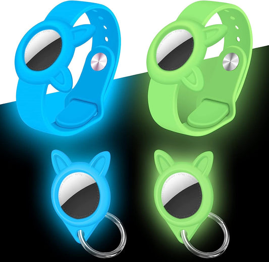 [2 Pack] Air Tag Wristbands + Silicone Cases Holder for Airtags 2021 Tracker, Airtag Watch Band for Kids Elders and Protective Waterproof Cover with Keychain for Pet, Blue Green Sleeves Glow in Dark  EVAHOM   