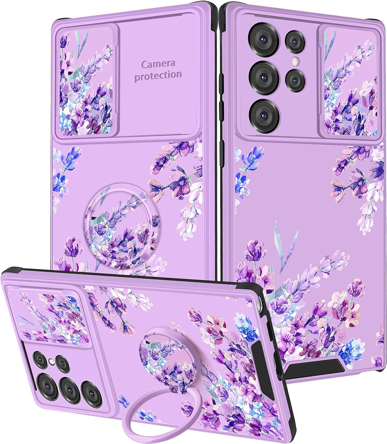 Goocrux (2In1 for Samsung Galaxy S22 Ultra Case Sunflower Floral for Women Girls Girly Phone Cover Cute Flowers Design with Slide Camera Cover+Ring Holder Unique Blue Cases for Galaxy S22 Ultra 6.8''  Goocrux Lavandula  
